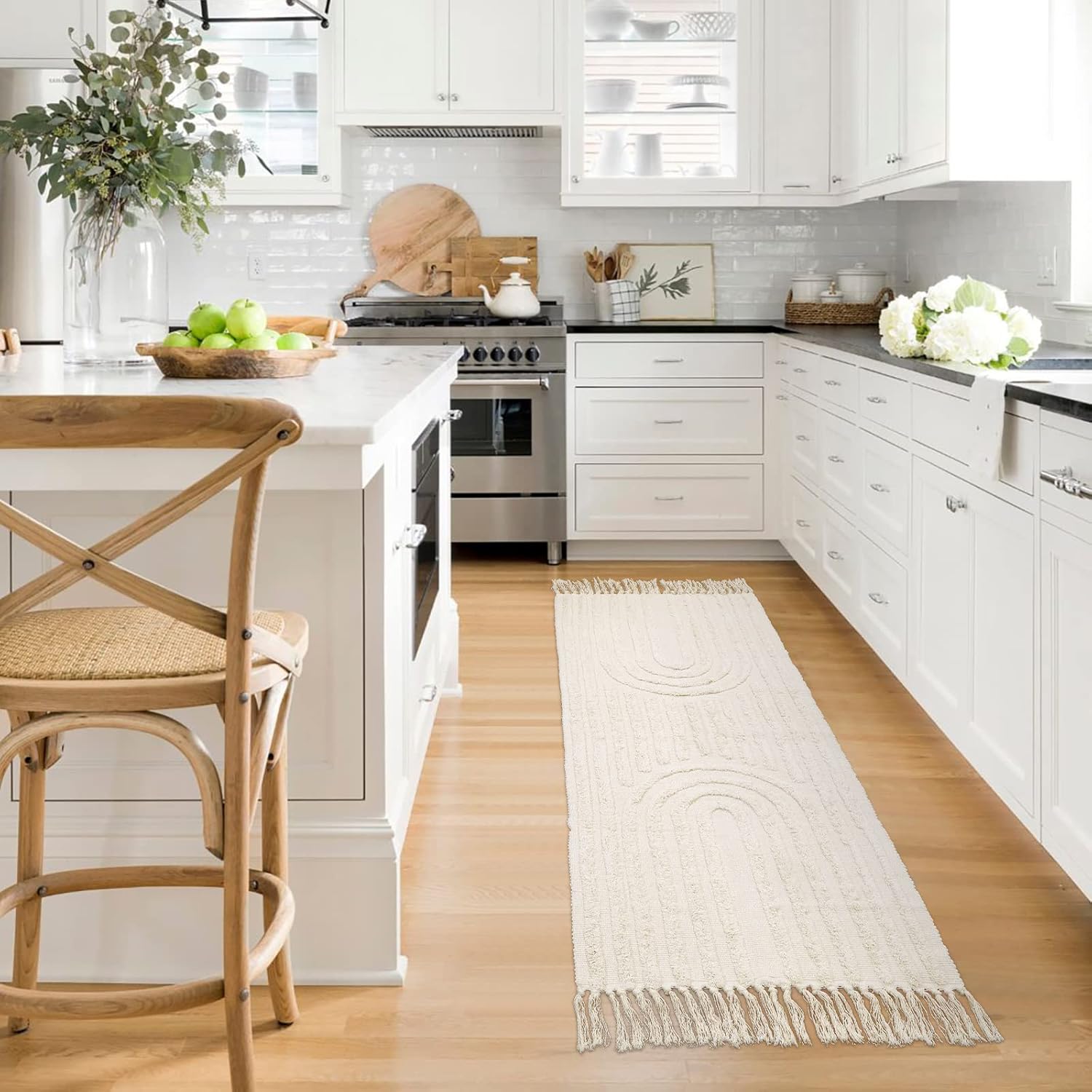 Lanffia Alfombra bohemia de 2 x 6 pies, color beige, alfombra de pasillo lavable con borlas, para interiores, casa de campo, neutro, para cocina,