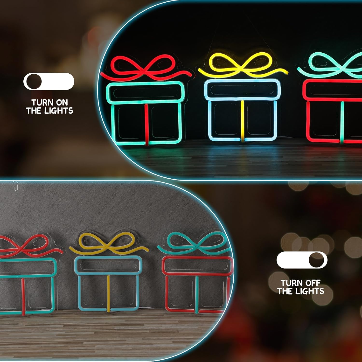 ROCEEI 3 letreros de neón de Navidad, caja de regalo de luces de neón de Navidad, luces LED de neón, barra de pared USB, decoración de sala de estar