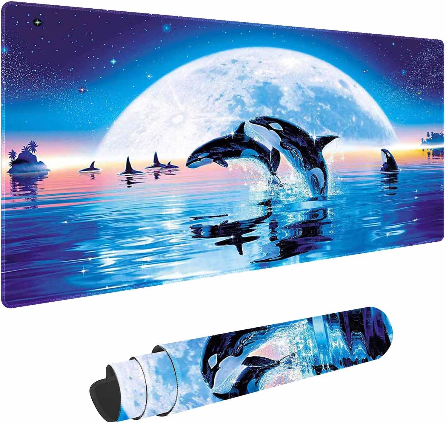 Alfombrilla de escritorio, alfombrilla de mouse grande para escritorio, alfombrilla de mouse para juegos, luz de luna y delfines, base de goma