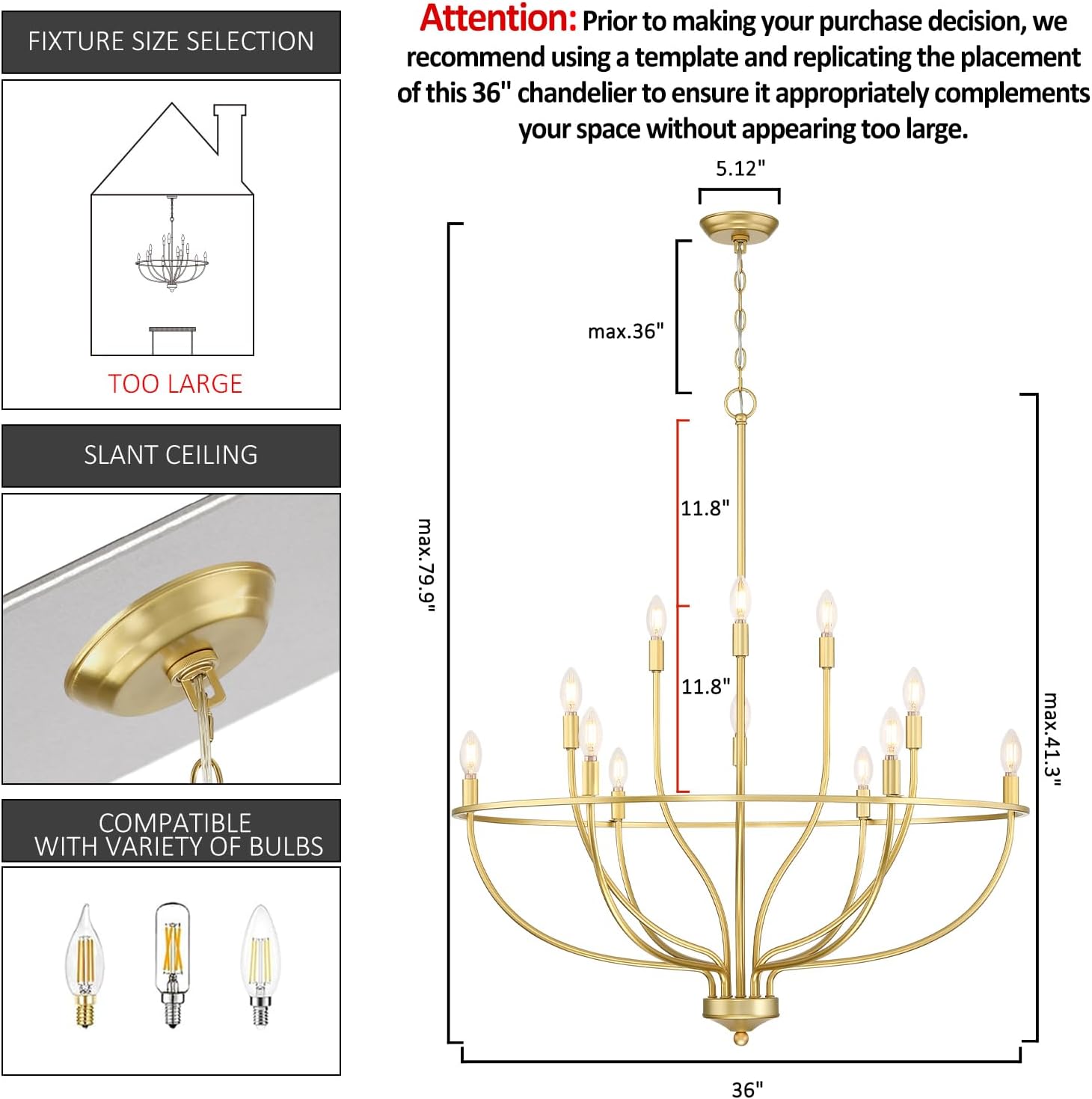 Senroyal Candelabro dorado para comedor, lámpara colgante clásica de 12 luces de granja sobre la mesa, candelabro grande de latón para isla de