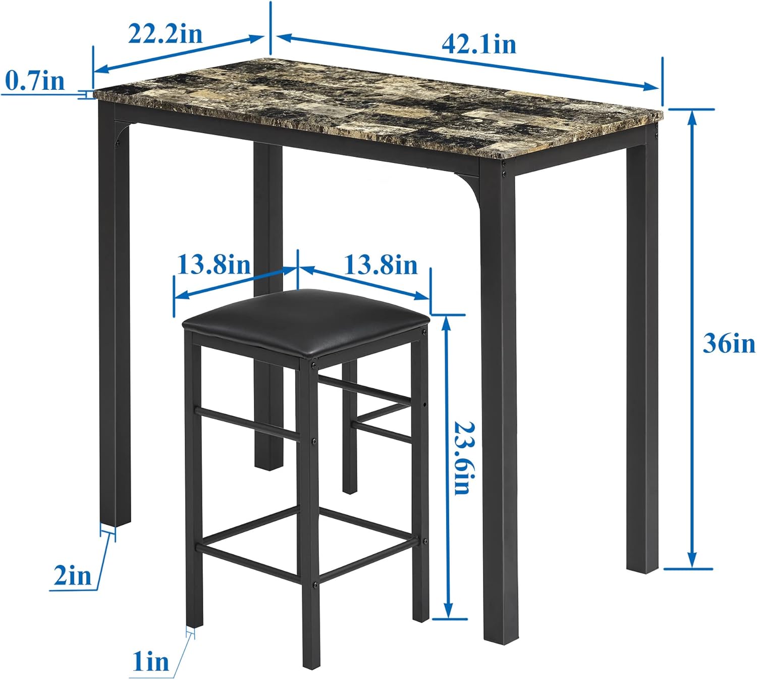 VECELO Taburetes de mesa de bar, 3 piezas rectangulares de altura de cocina, pub, mesa, sala de estar, bistró, juego de comedor para 2, negro retro