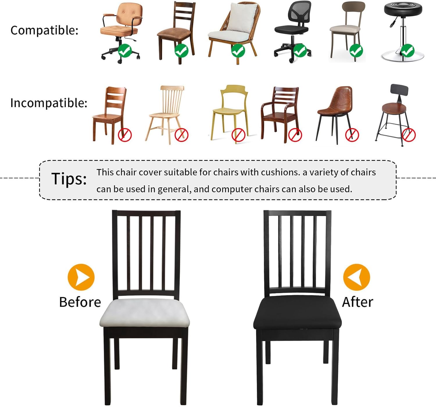YISUN Fundas de asiento impermeables para comedor, elásticas, extraíbles y lavables, fundas de asiento de silla de cocina con lazos elásticos y