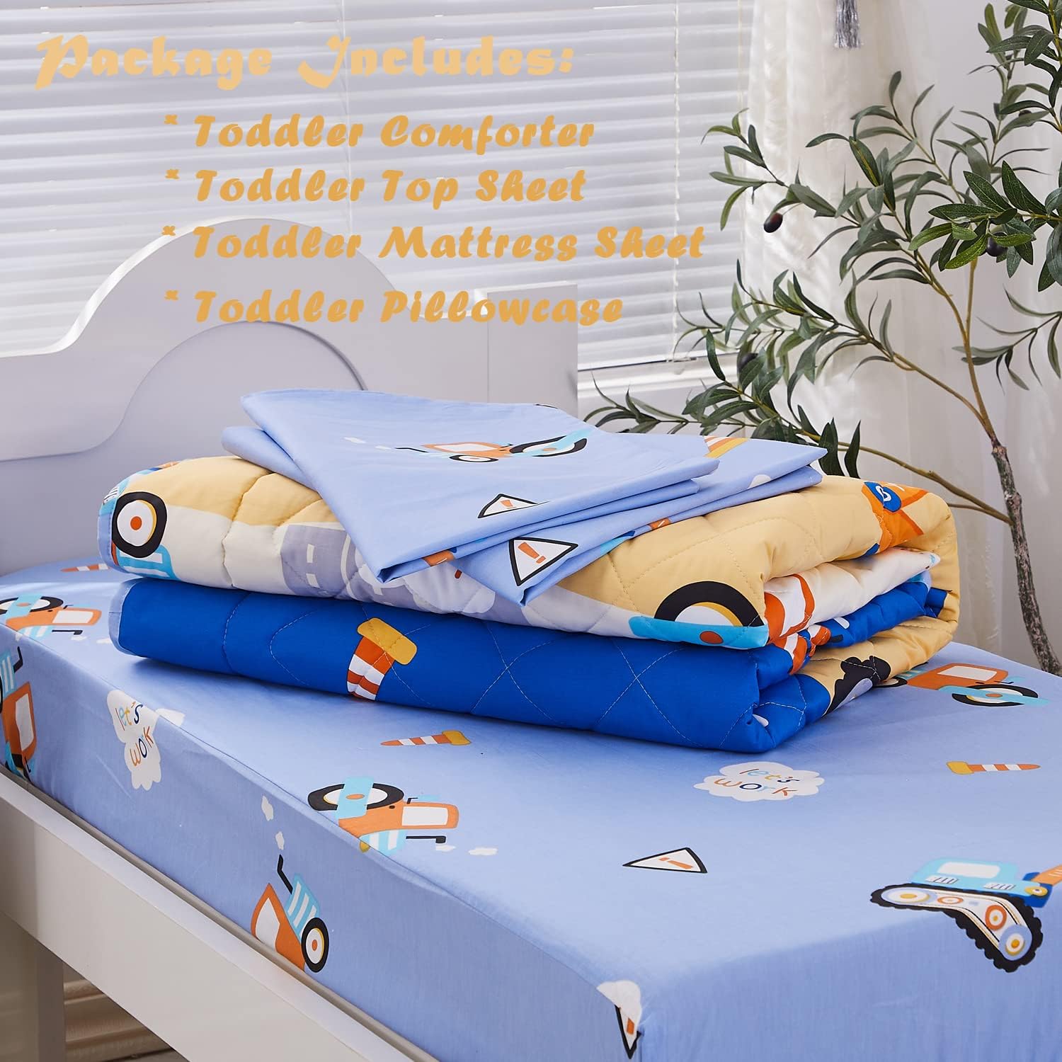 Brandream Juego de ropa de cama para niños pequeños, diseño de vehículos excavadores de construcción, cama de guardería en una bolsa, colcha de