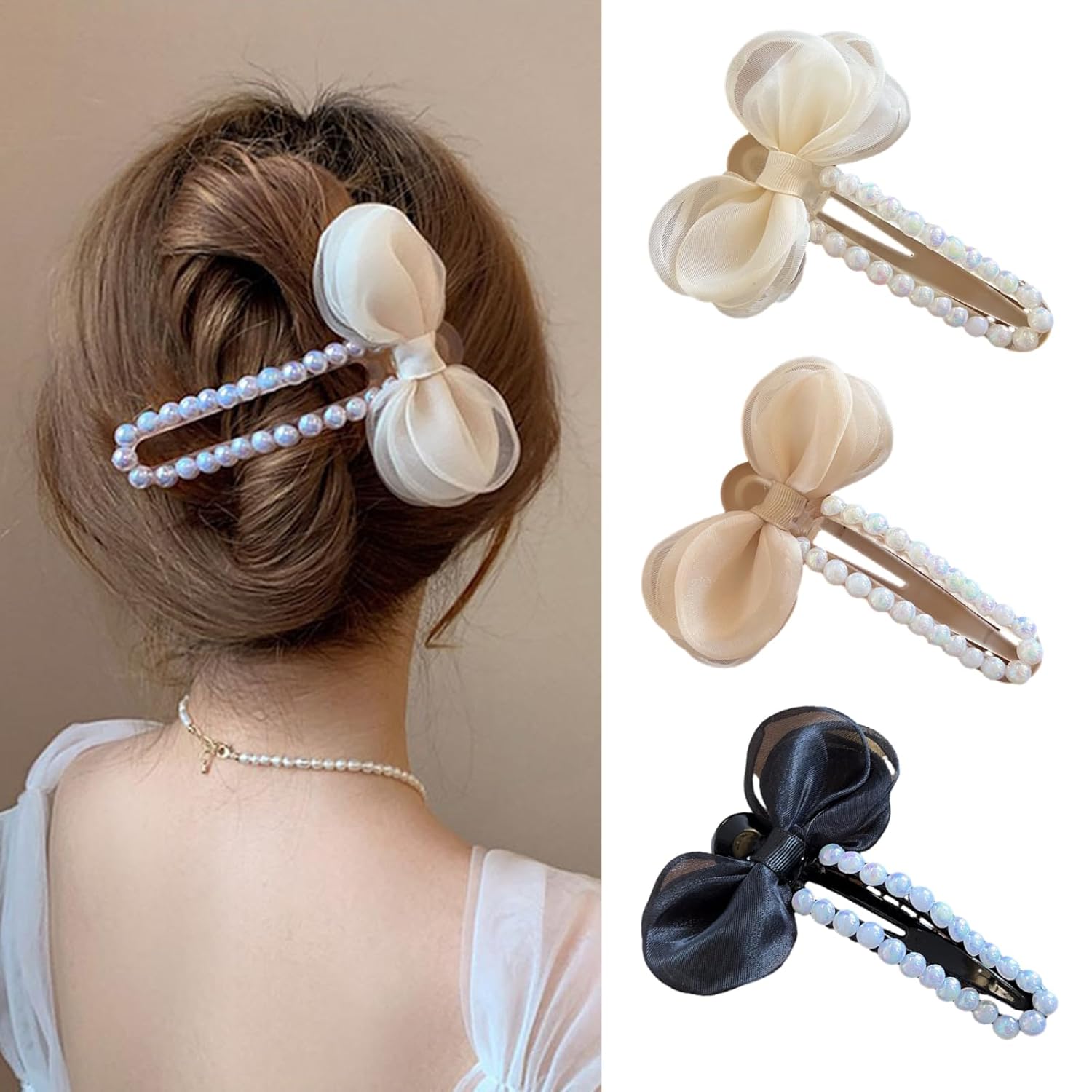Pinzas para el cabello con lazo de perlas, pinzas para el cabello con diamantes de imitación blancos para mujeres, niños, adolescentes, accesorios