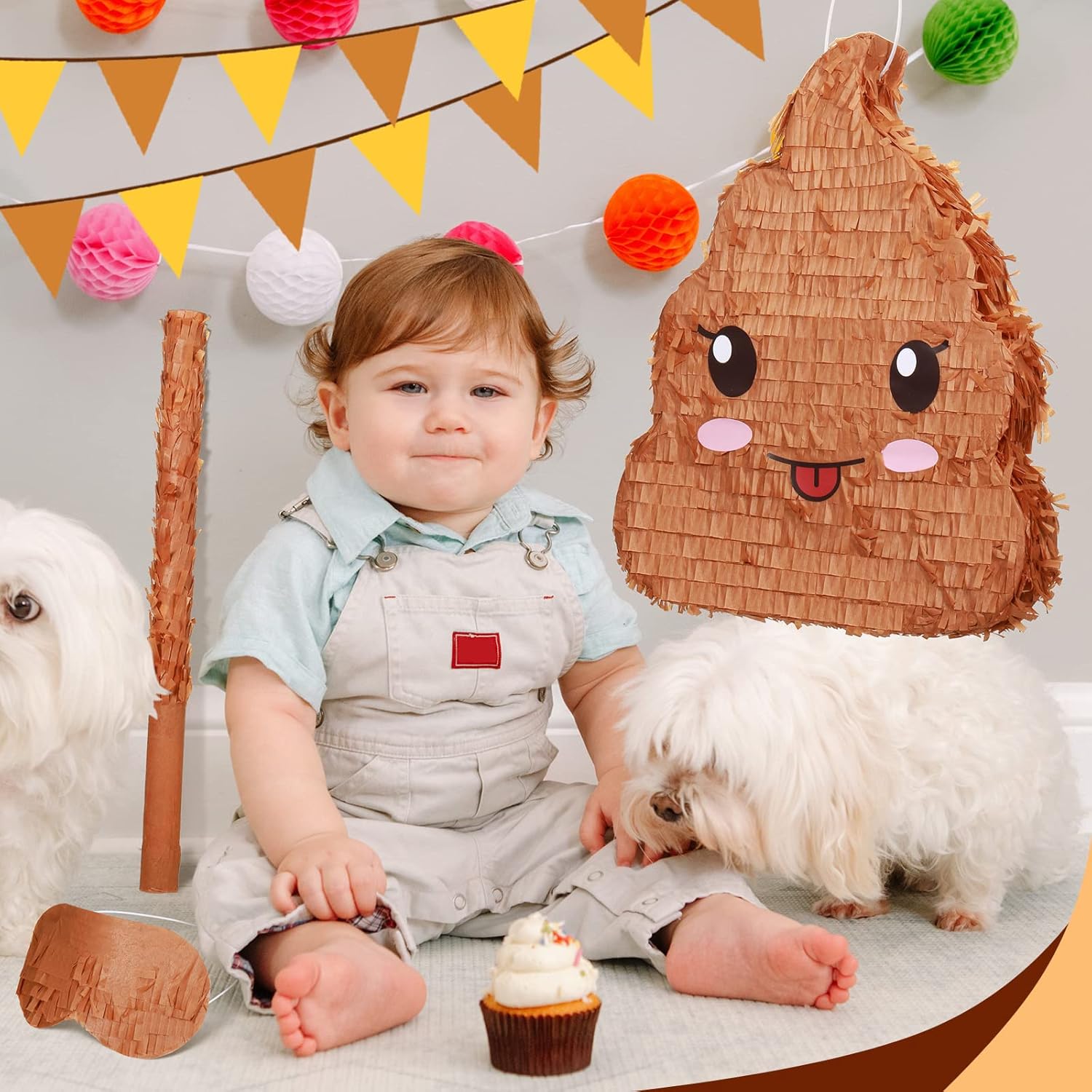 Paquete de piñata de caca de 16 pulgadas de alto, piñata emoticon con venda, murciélago y confeti para decoraciones de fiesta de cumpleaños,