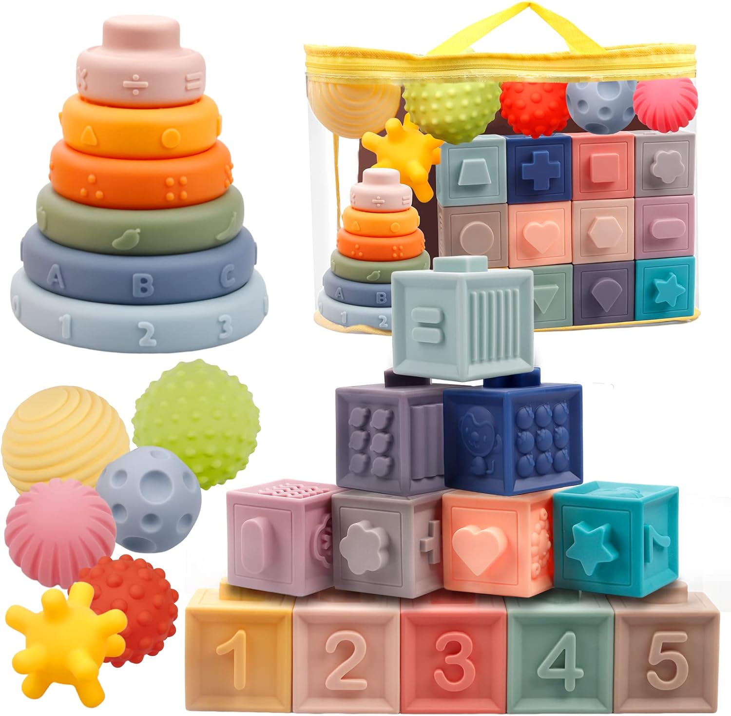 Bloques apilables suaves para bebé juguetes sensoriales Montessori 3 en 1 para bebés de 0 a 3 a 6 a 9 a 12 meses, bloques de construcción, bolas