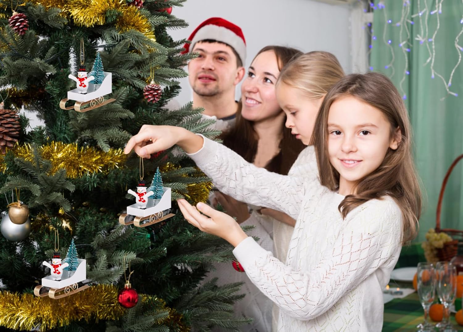 WhatSign Adornos de trineo de Navidad para árbol de Navidad, árbol de Navidad de metal, muñeco de nieve en trineo, adorno de muñeco de nieve,