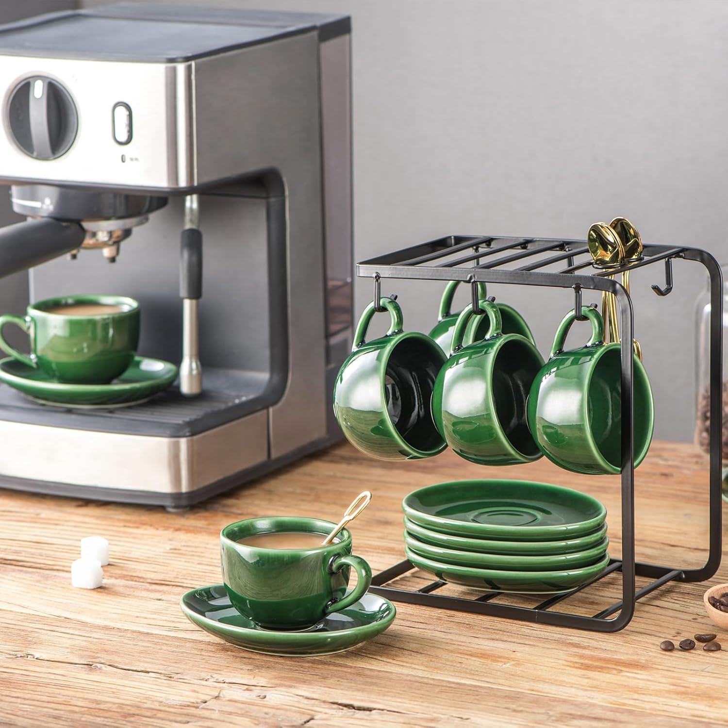 vicrays Tazas de café espresso de cerámica, juego de tazas de café expreso de porcelana de 4 onzas con platillos cucharas y soporte de metal para