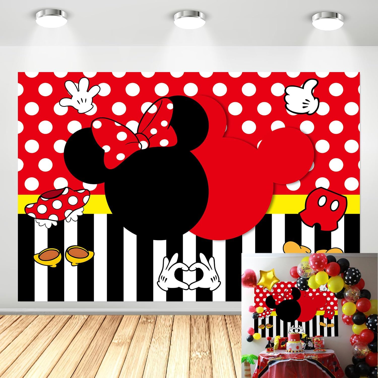 Fondo de fotografía de dibujos animados de 7 x 5 pies con diseño de ratón negro y lunares rojos para 1, 2, 3, niñas, niños, ratón, suministros de