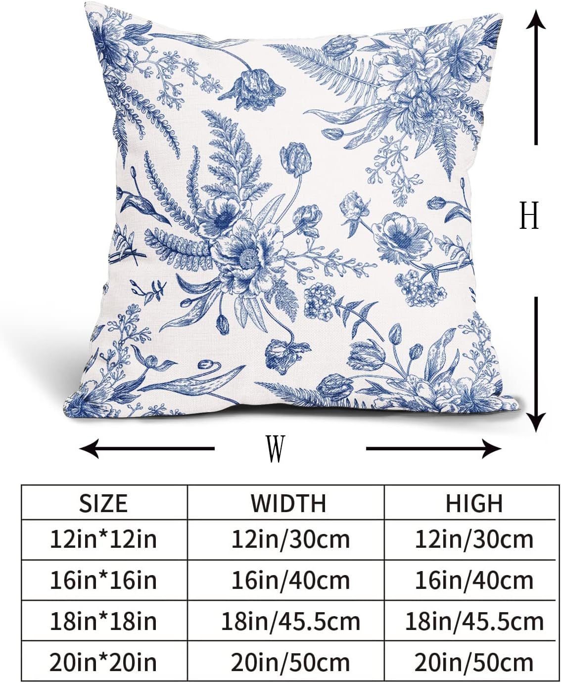 Juego de 2 fundas de almohada de flores azules de 18 x 18 pulgadas, color blanco y azul, fundas de almohada de lino decorativas para exteriores,