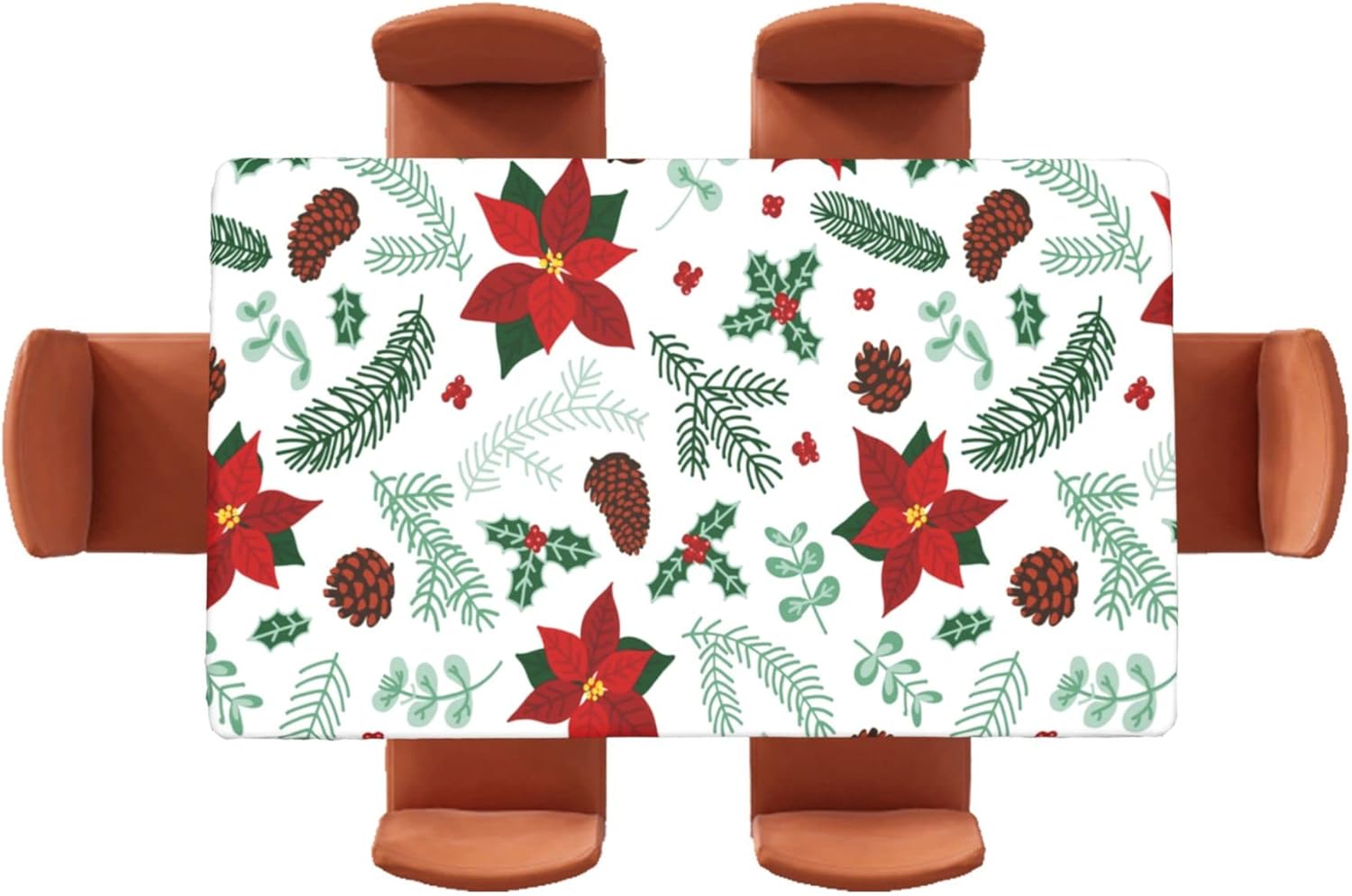 QALFKAD Manteles ajustables de Navidad rectangulares de 5 pies, diseño de flores de invierno, bayas y ramitas con borde elástico, mantel