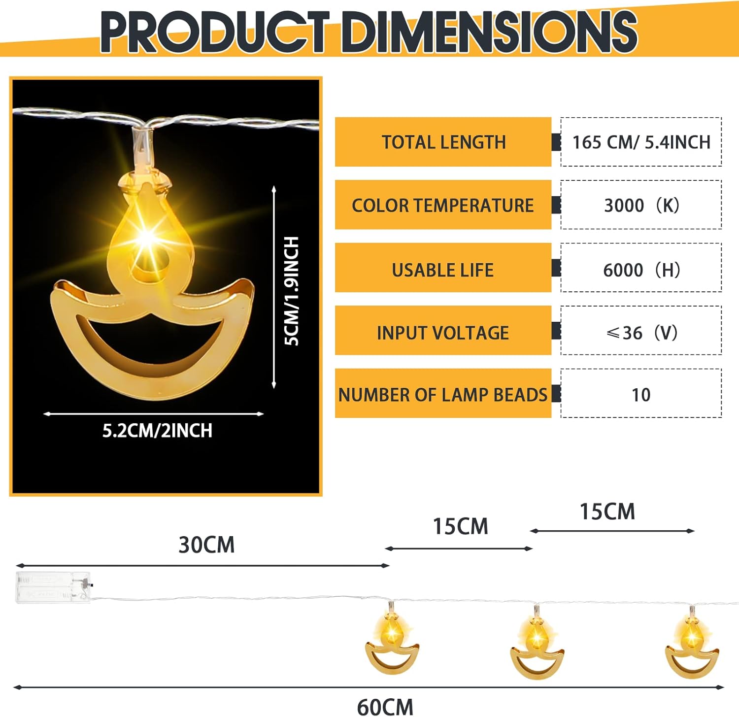 Tarpop Guirnalda de luces Diwali de 5.4 pies, luces decorativas de color blanco cálido, luces LED para festivales, luces de hadas Diya para Diwali,