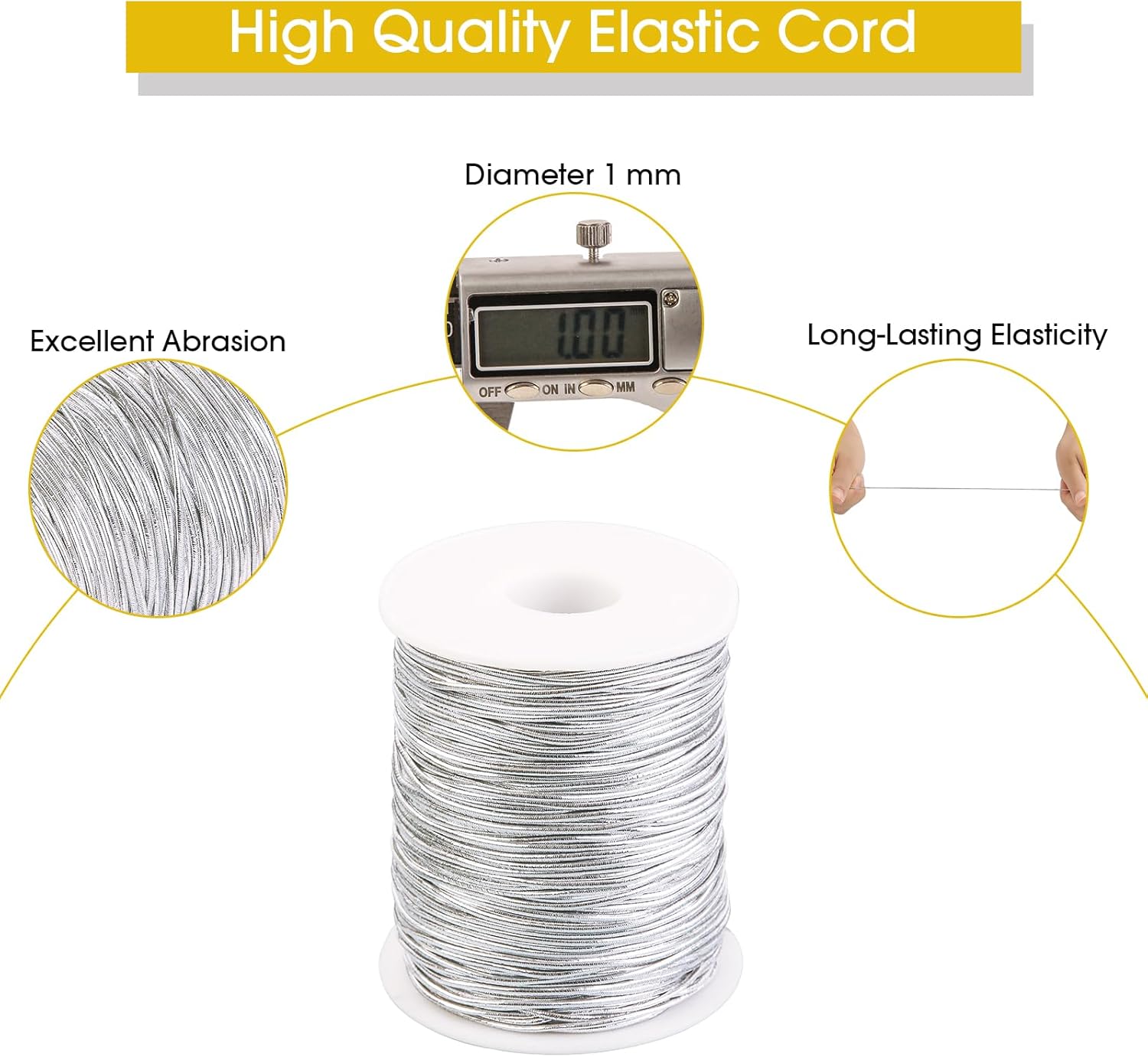 Cuerda elástica metálica para pulseras, 0.039 pulgadas, 330 pies, cuerda elástica plateada para hacer joyas, collares, cuentas, cuerda de