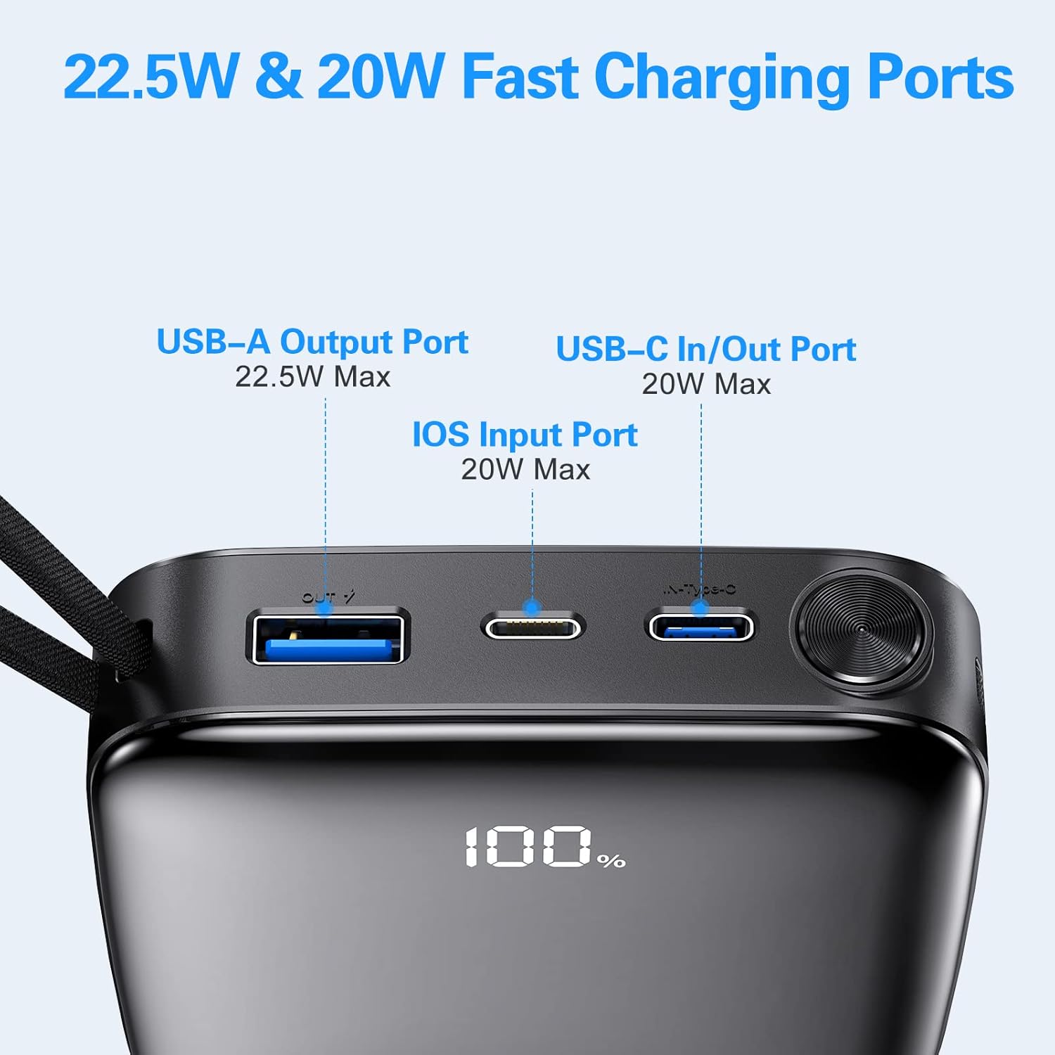 20000mAh Power Bank Carga rápida 22.5W 20W PD USB C Cargador portátil con cables integrados Batería externa universal Paquete de energía Banco de