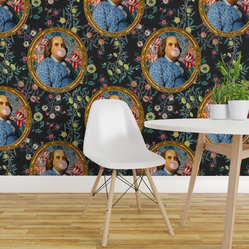 Spoonflower Muestro de papel tapiz extraíble – Bubblegum Ben Franklin Presidente Floral Print Charcoal Novedad Papel pintado personalizado pre-pegado