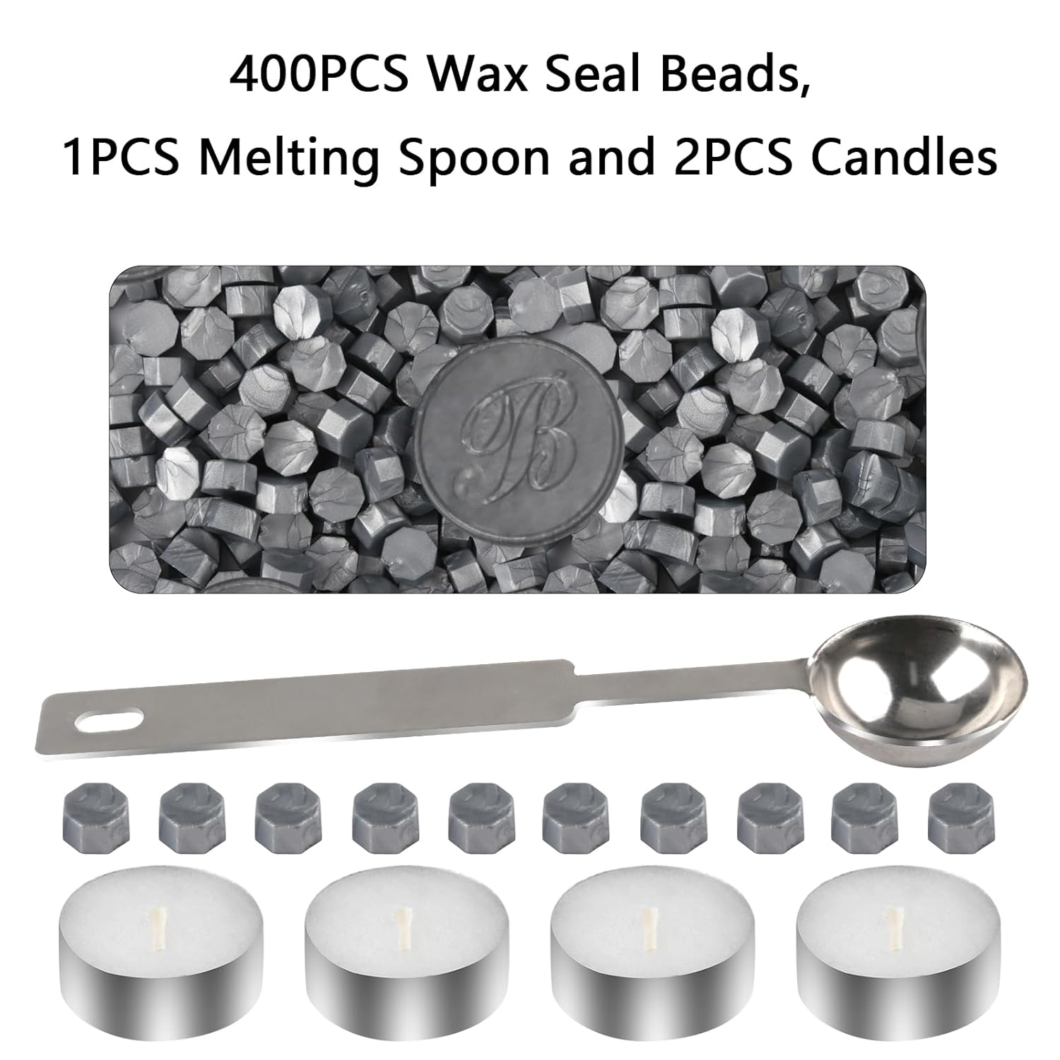 Cuentas de cera de sellado, lujoso kit de sellado de cera de 400 cuentas de sello de cera con 1 cuchara de fusión y 4 velas de té, ideal para sellos