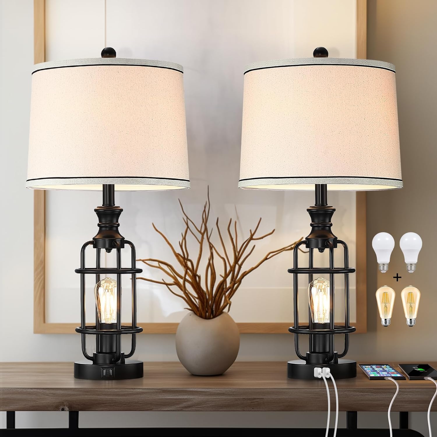 26.3Table Lamps Set of 2 with USB Charging Ports,Farmhouse Bedside Nightstand Lamp with Rotary Switch,Rustic Reading Lamps Industrial Desk Lamps for