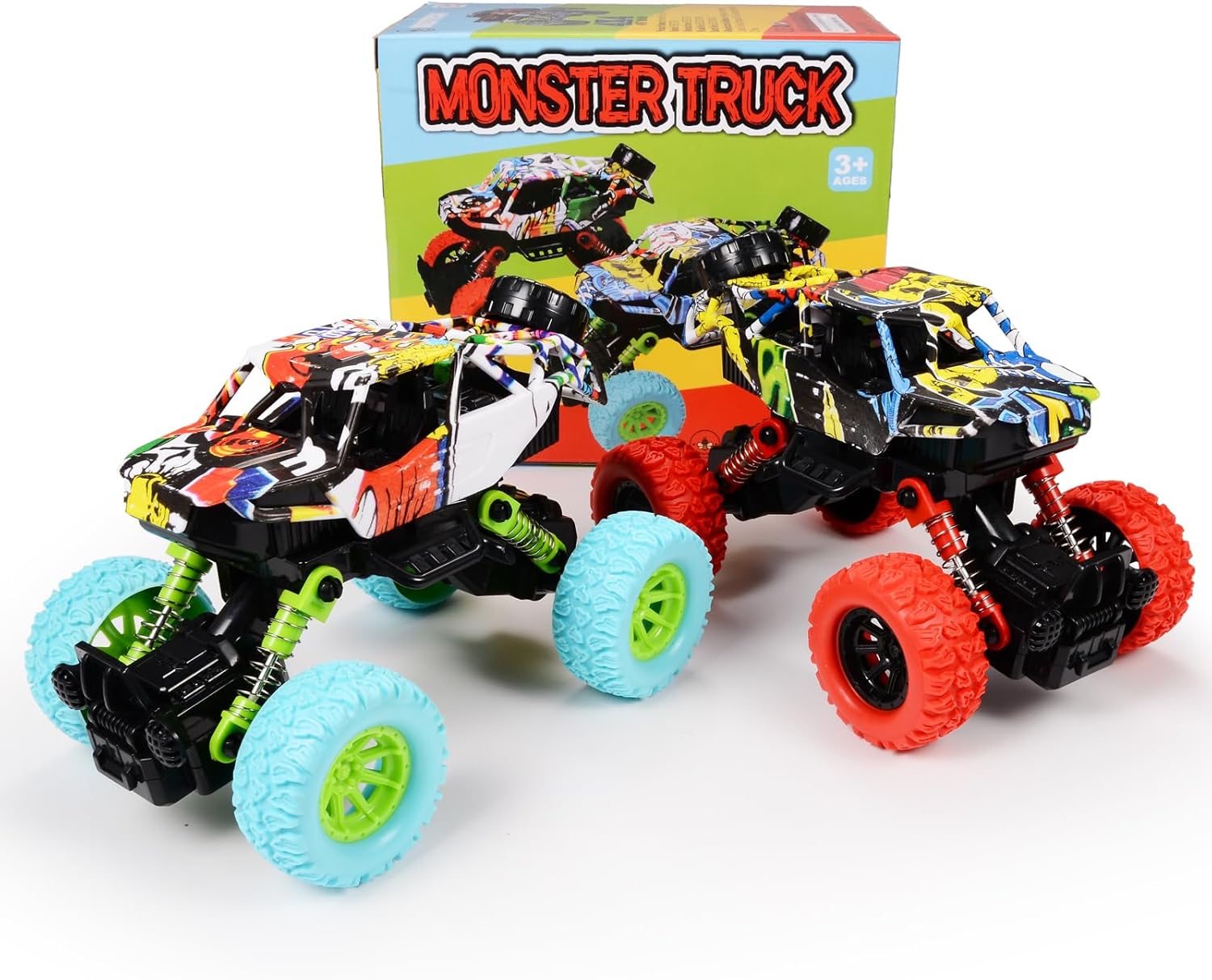Camión monstruo de juguete de 6.3 pulgadas para niños de 3, 4, 5, 6, 7 años de edad, camión de fricción con tracción hacia atrás, juegos de 2