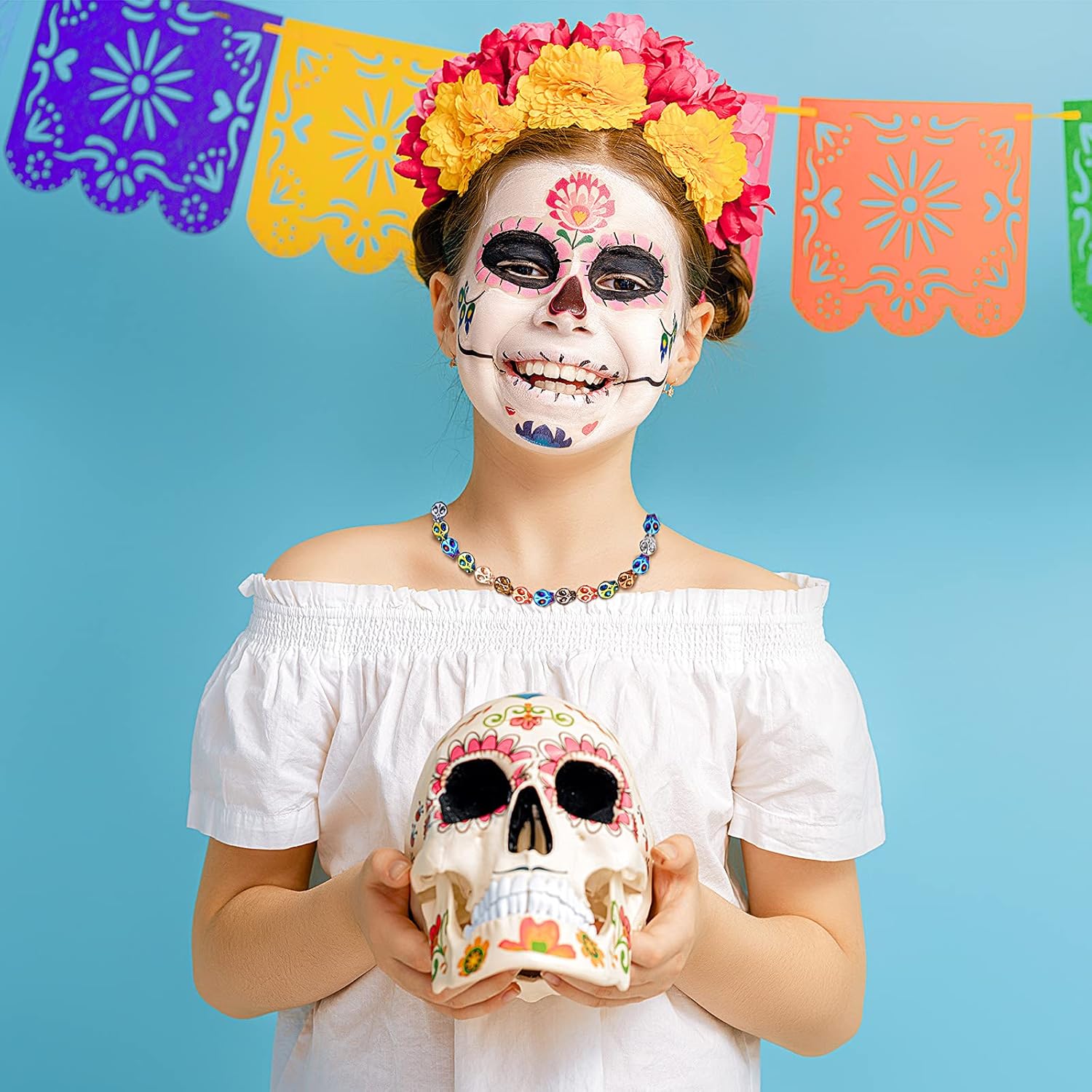 200 cuentas de calavera de cristal de esqueleto, cuentas de calavera de cristal coloridas con caja de almacenamiento, cuentas para aretes, pulseras,