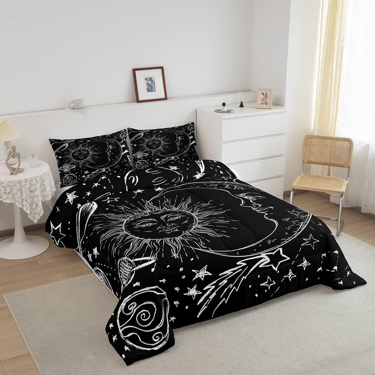 Feelyou Juego de ropa de cama de sol y luna, juego de edredón de estilo bohemio para niños y niñas, edredón de galaxia cósmica celestial, juego de