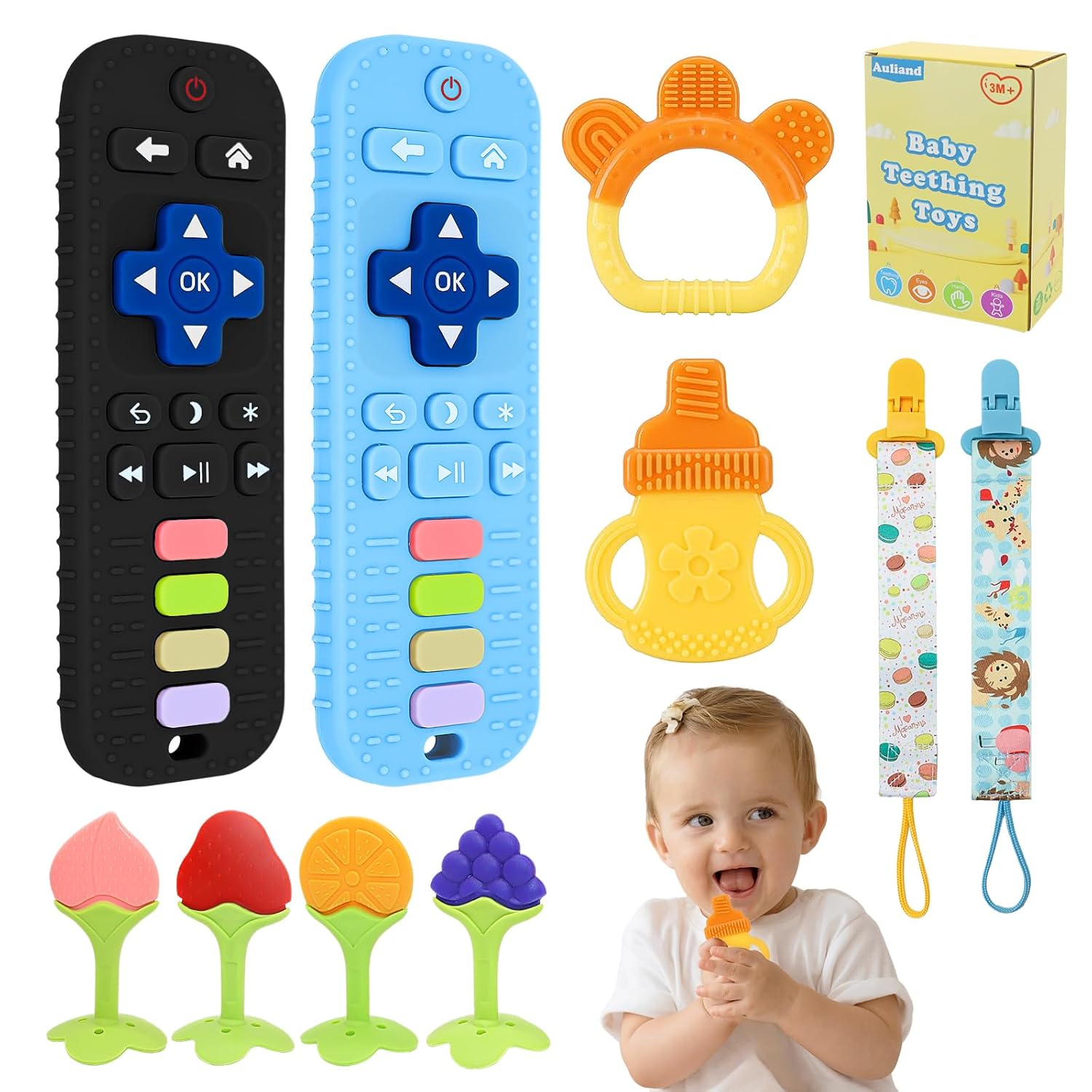 Juguetes de dentición para bebés, juego de 8 mordedores para 0-6, 3-6 meses y 6-12 meses, 2 mordedores con forma de control remoto, campana,