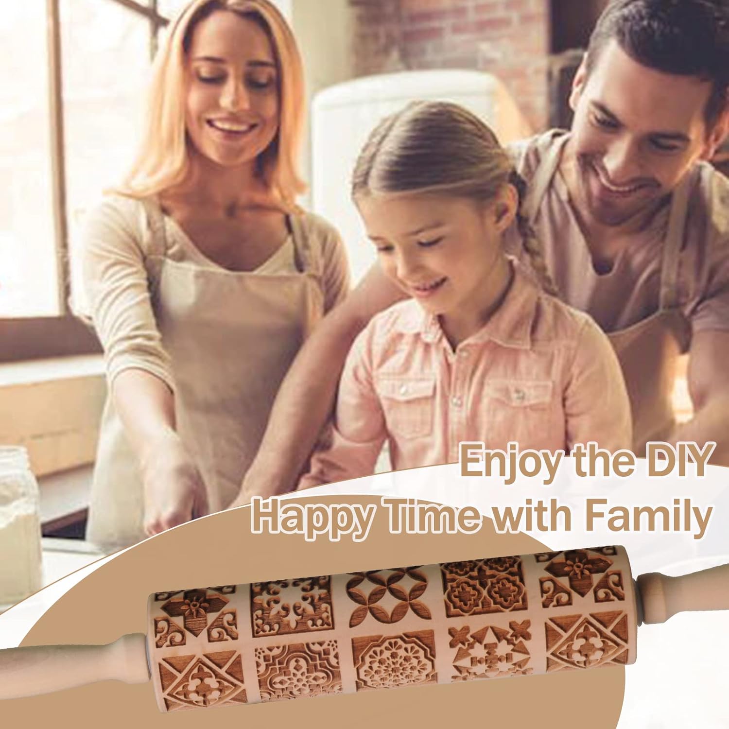 Embossed Rolling Pin, OLETNY Large Wood Textured Roller for Baking, Cookies, Decorative Pattern Rolling Pins, Christmas Gifts for Mother,