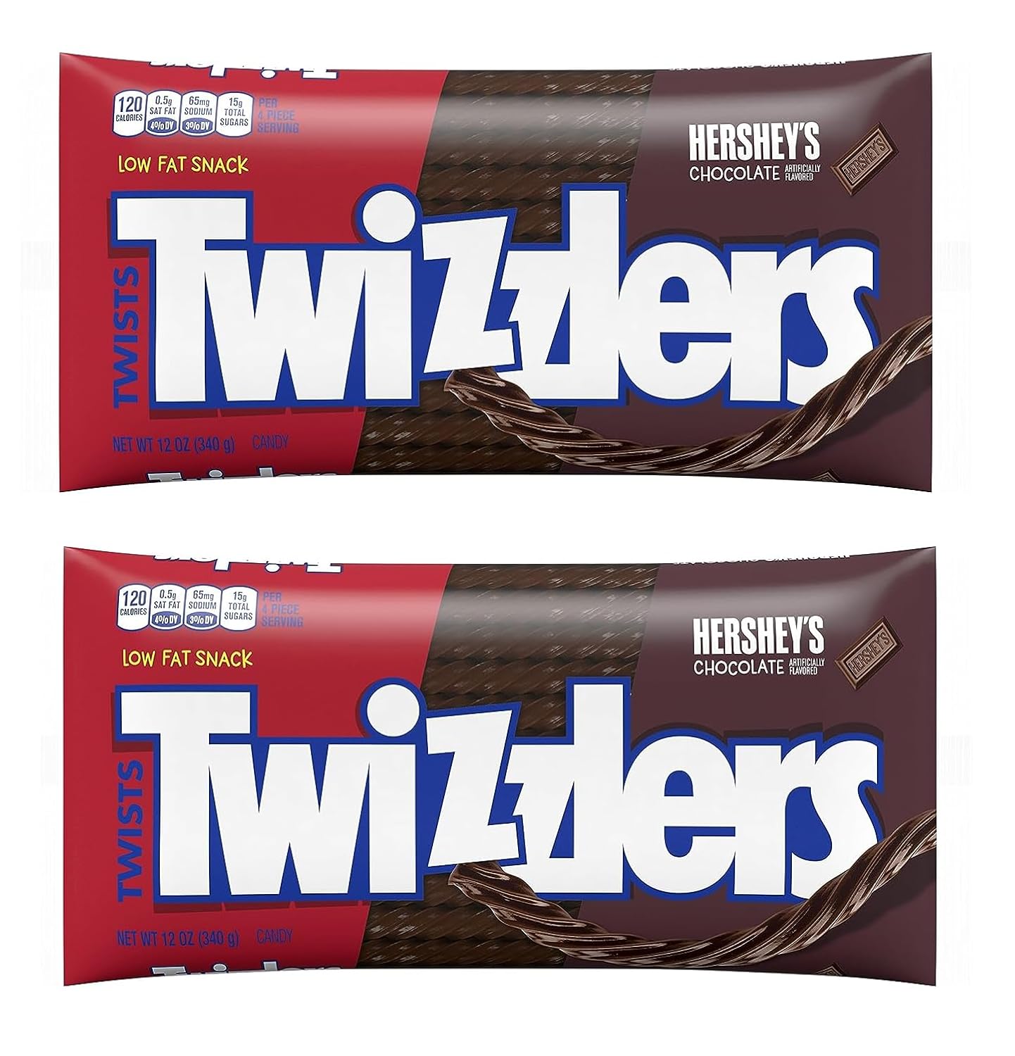 Twizzlers Twists – Caramelo masticable con sabor a chocolate, bolsas de 12 onzas, paquete de 2, aperitivos bajos en grasa, deliciosos para cualquier
