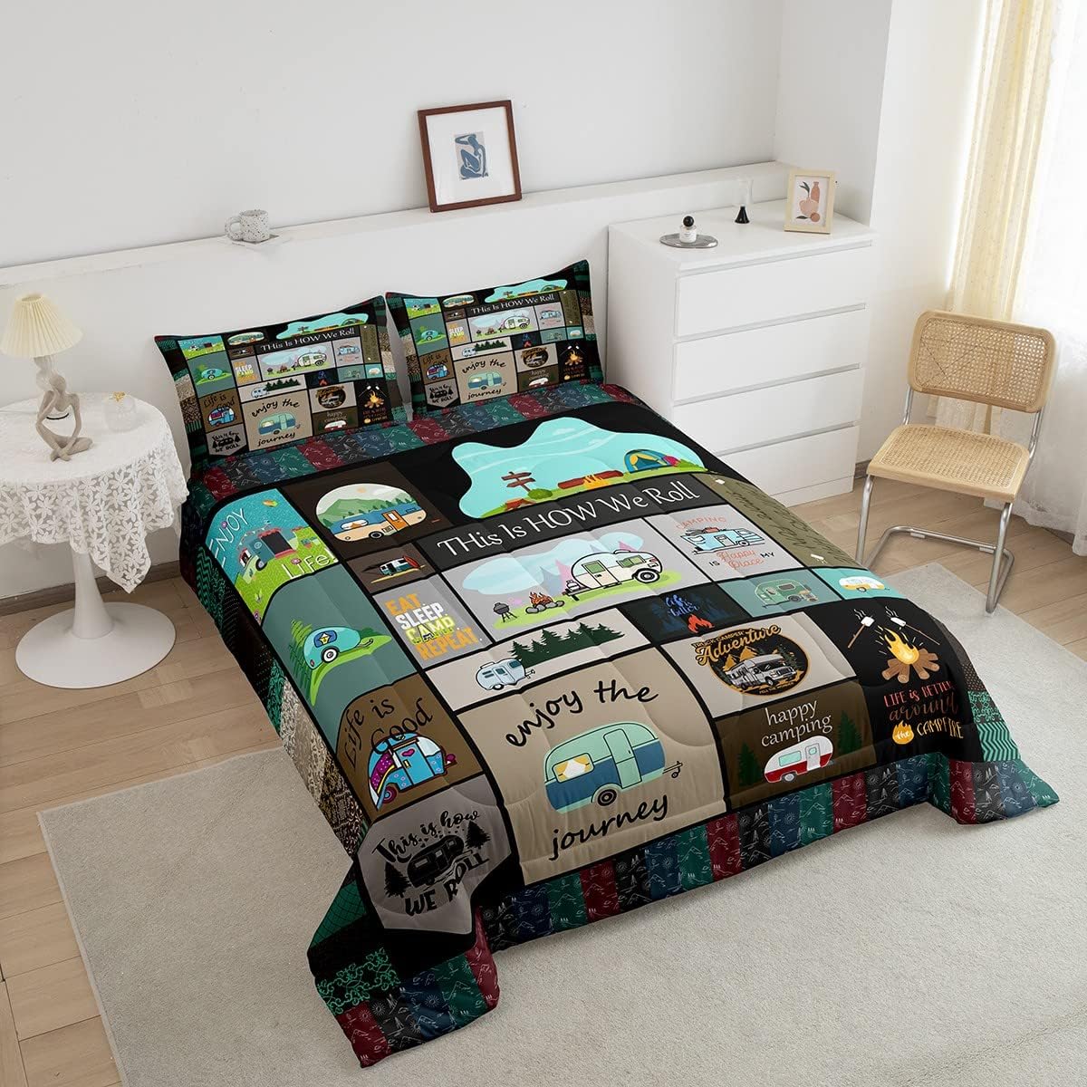 Juego de edredón con temática de cámper, juego de ropa de cama para niños, niñas, mujeres, adultos, caricaturas, coches de caricatura, juego de