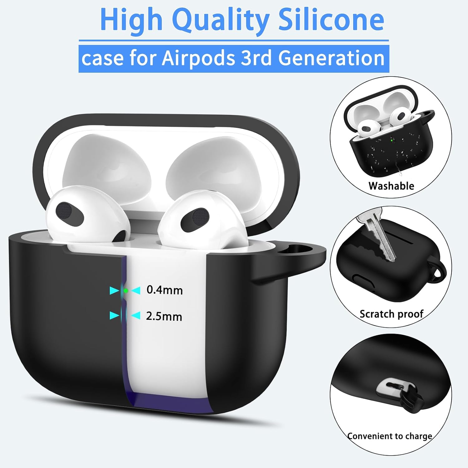 MHYALUDO Funda para AirPods de tercera generación 2021, silicona suave anticaídas de grado militar que absorbe los golpes, con llavero y kit de