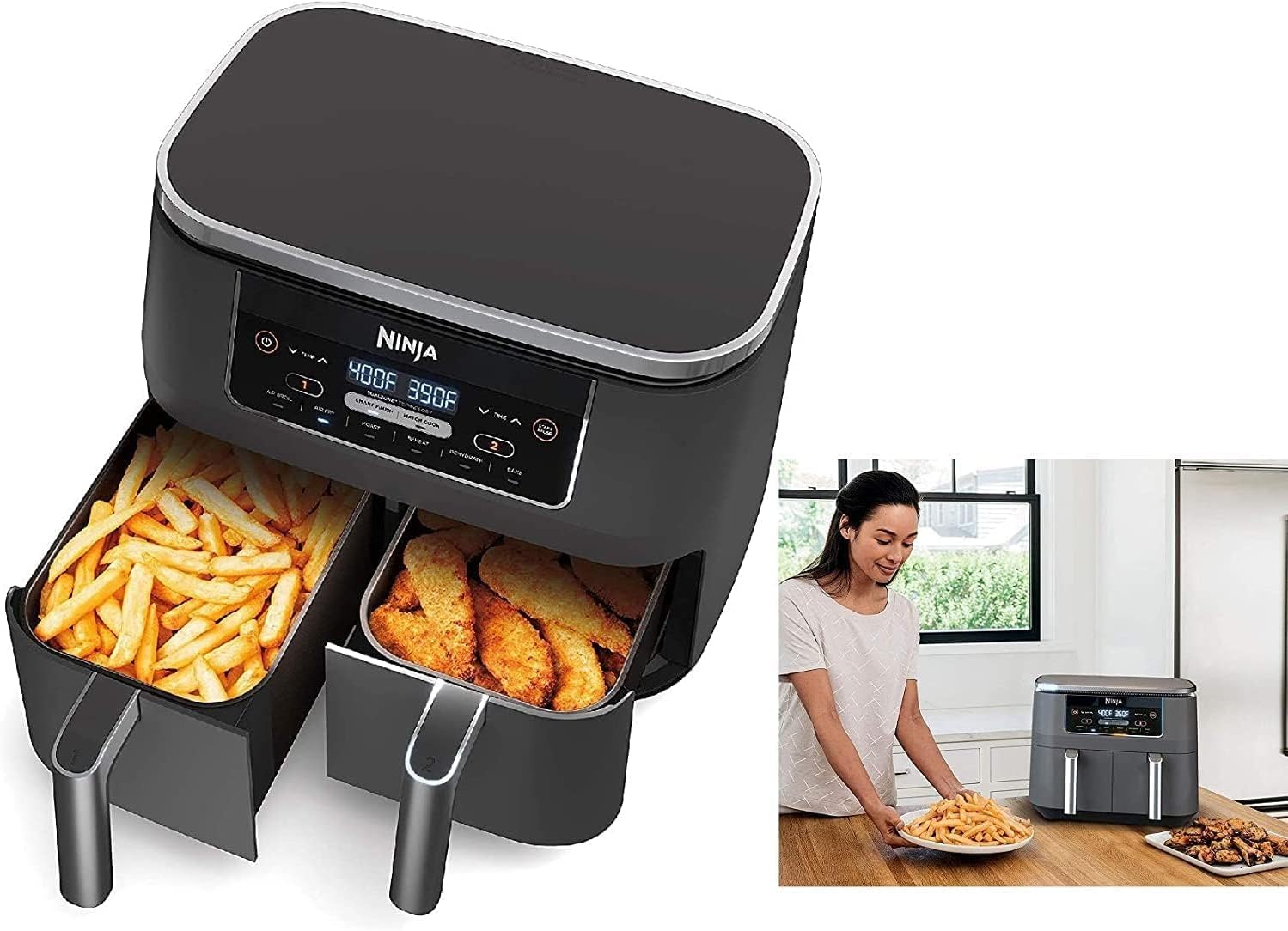 Ninja DZ100 Foodi 4 en 1, 8 cuartos de galón, freidora de aire de 2 cestas con tecnología DualZone, DZ100 8 cuartos NEGRO (renovado)