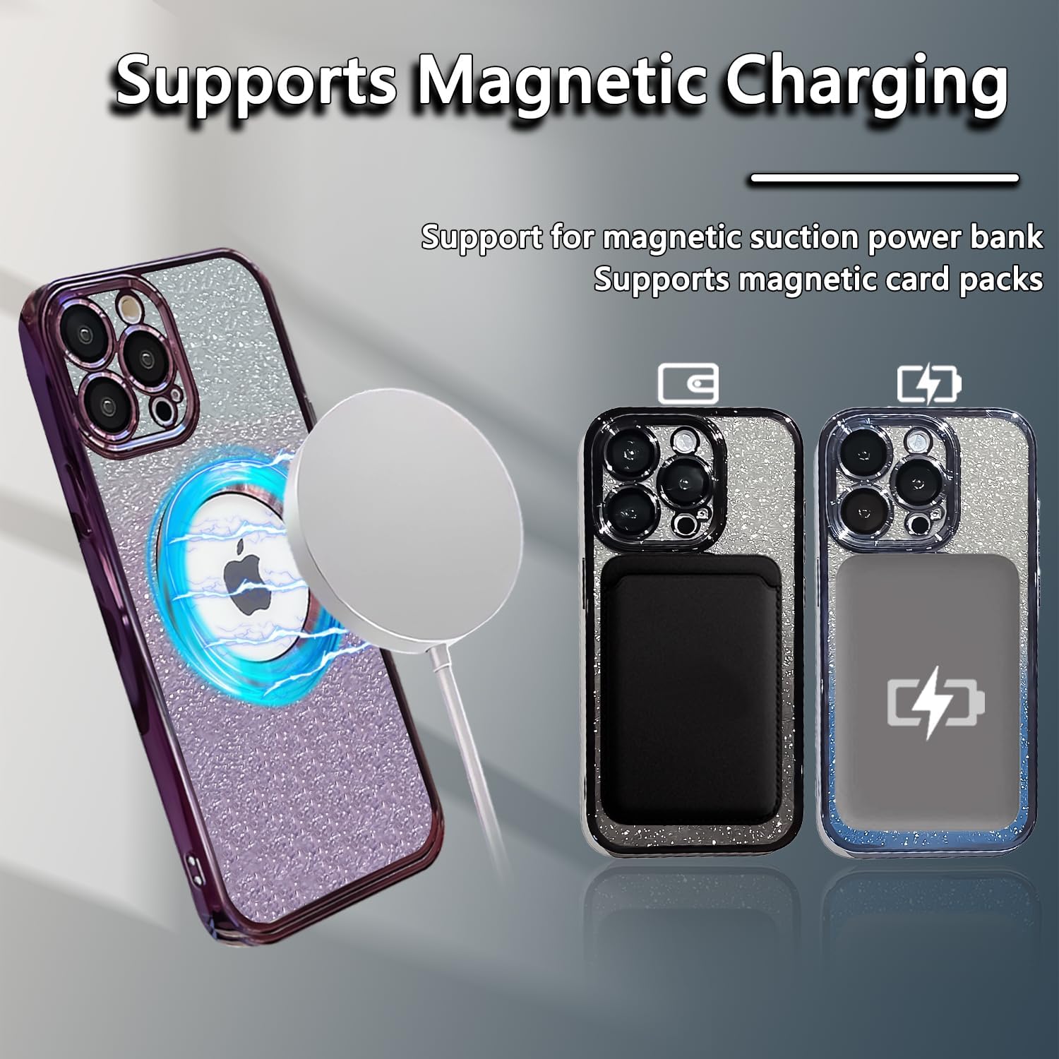 Funda magnética con purpurina para iPhone 15 Pro Max, compatible con MagSafe, protección completa de la lente de la cámara, chapado de lujo, bonita