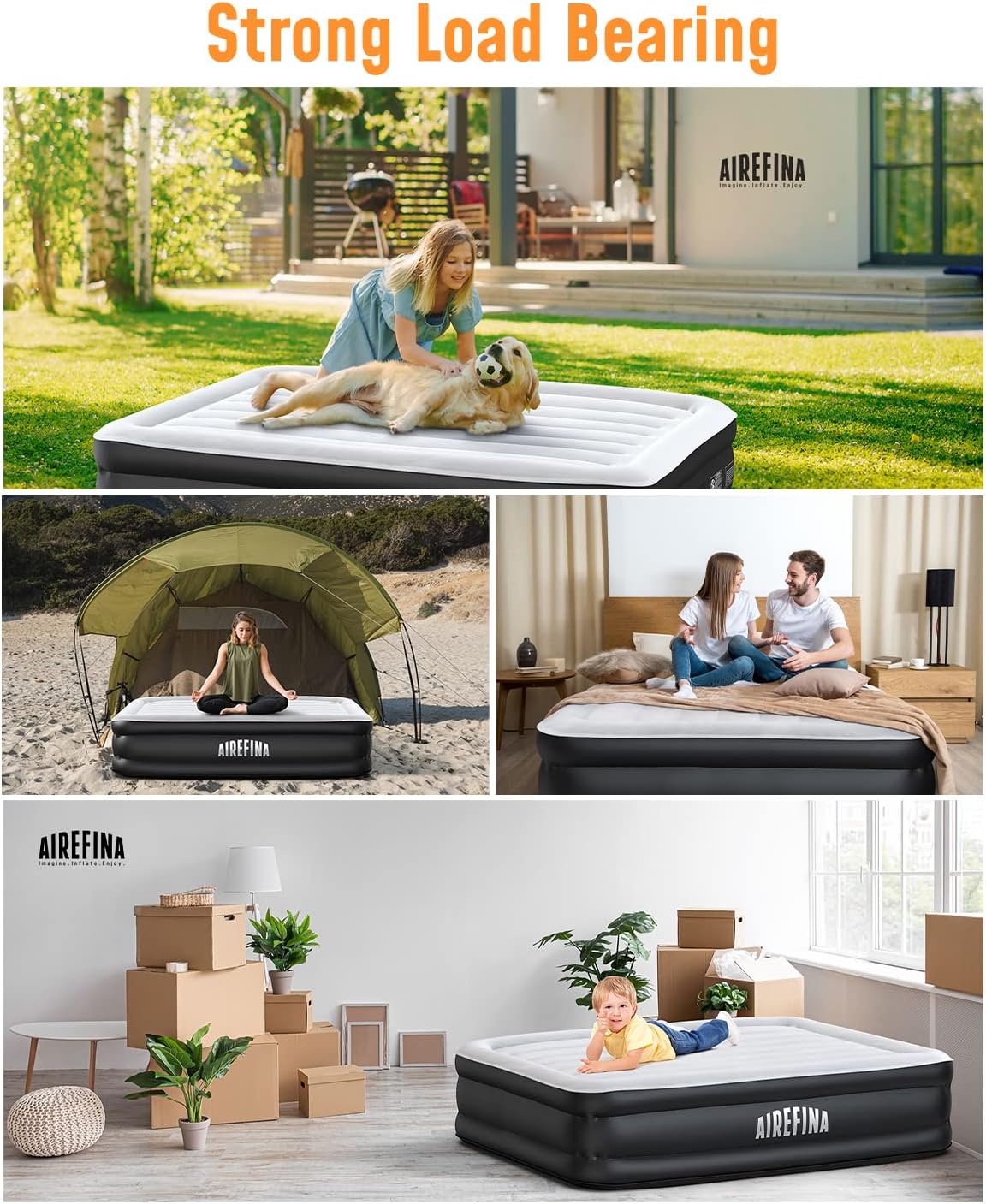 Airefina Colchón de aire de tamaño matrimonial de 18 pulgadas con bomba integrada, colchón inflable con autoinflado, duradero, portátil y flocado,