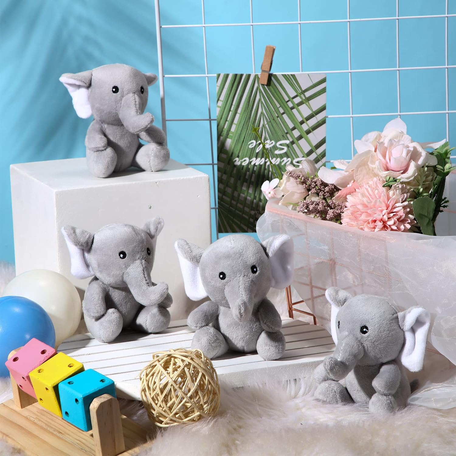 Skylety 4 piezas de mini elefante, juguetes de peluche de elefante, lindos animales suaves del bosque para baby shower, niños y niñas, suministros