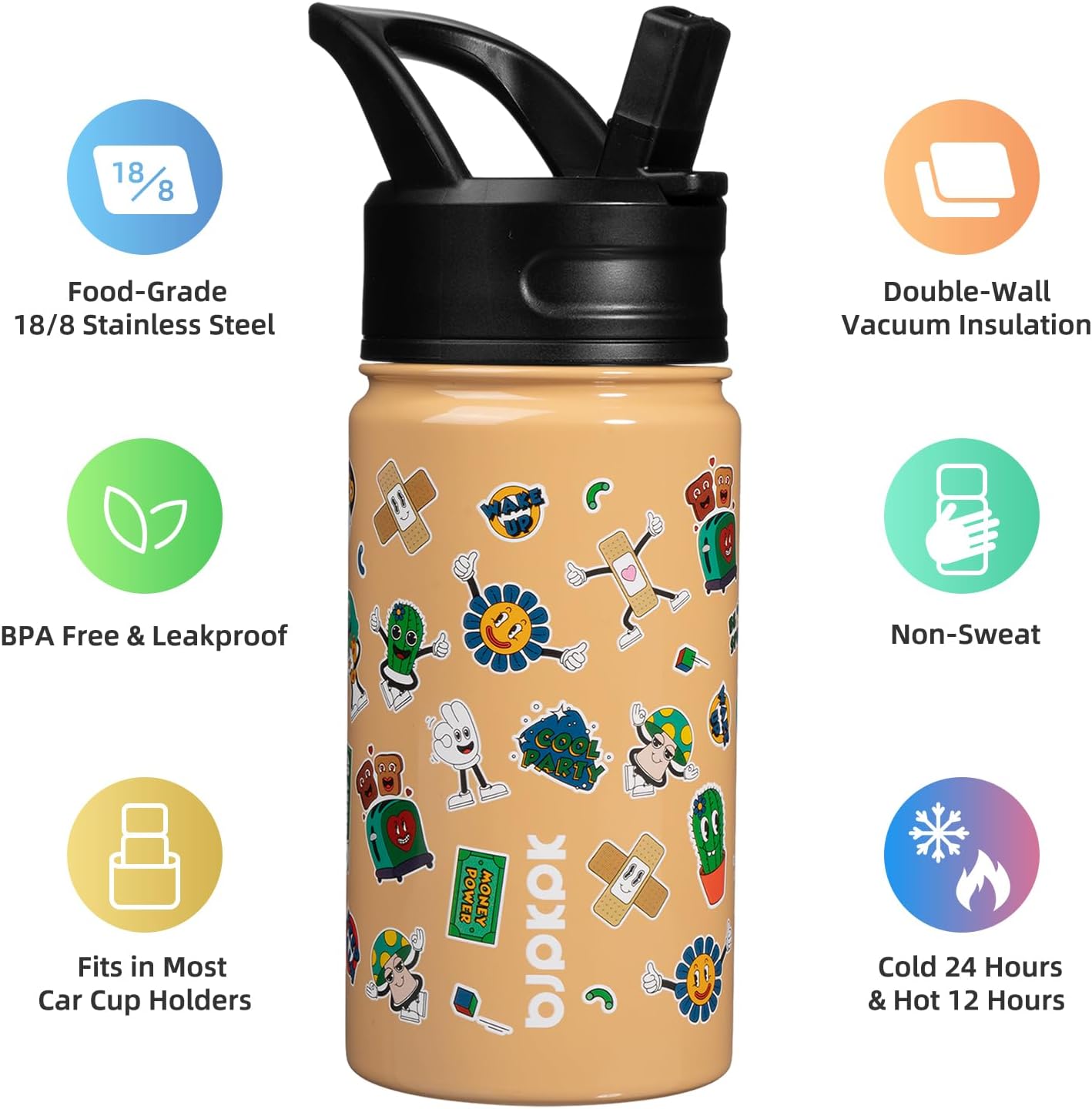 BJPKPK Botella de agua aislada con tapa con pajilla, botellas de agua de metal de acero inoxidable de 15 onzas, botellas de agua reutilizables a