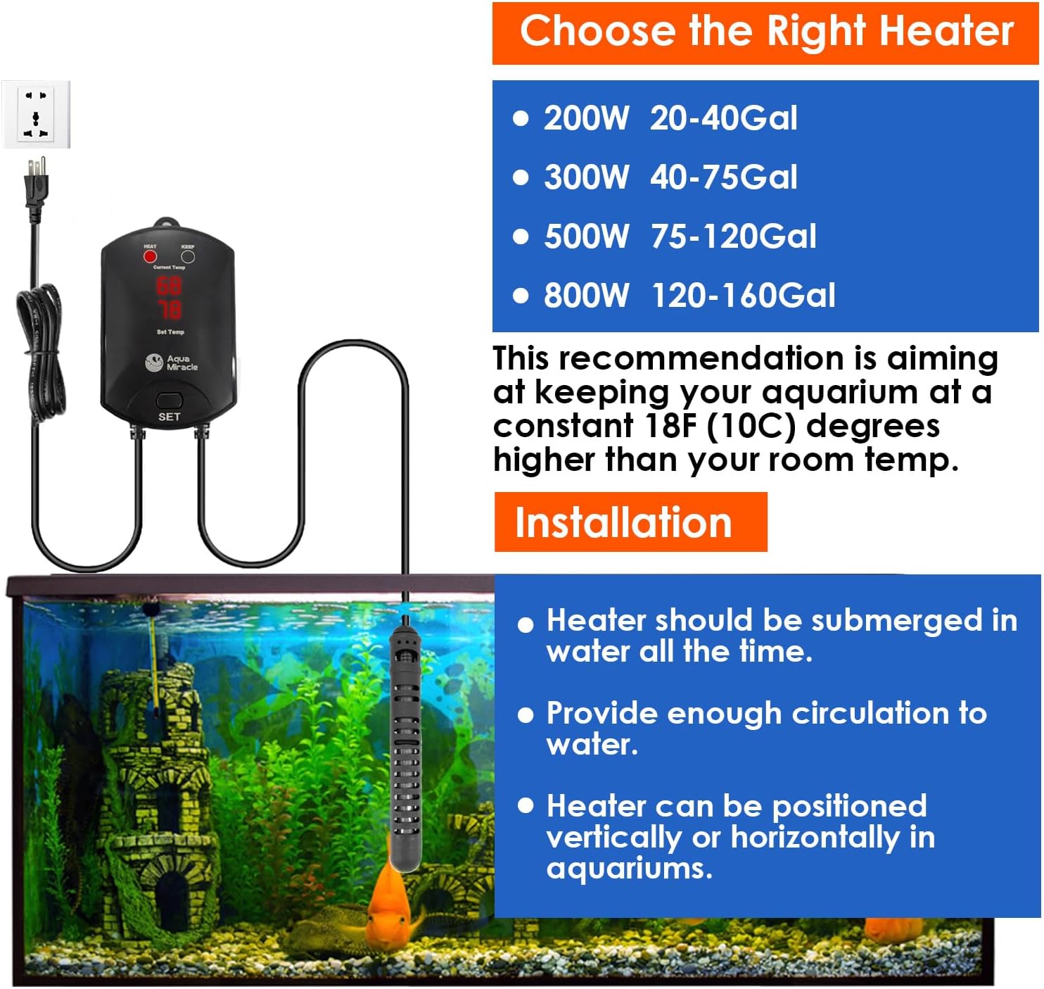 AquaMiracle Calentador de acuario Calentador de pecera de 500 W con protección de funcionamiento en secosobrecalentamiento y función de memoria,