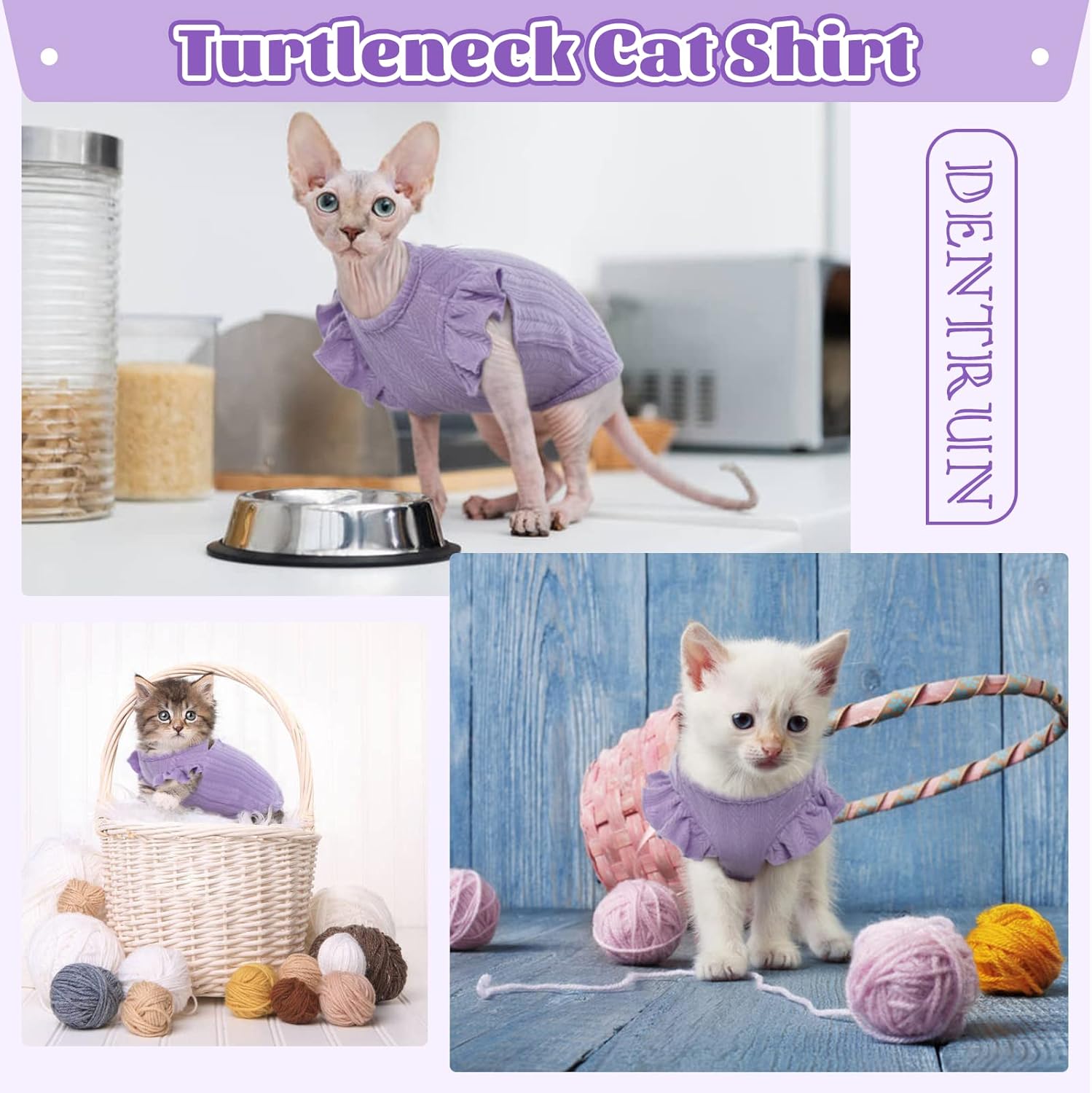 DENTRUN Sphynx – Camisa de gatos sin pelo, ropa de gatito con mangas con volantes, transpirable, pijama para gatos, Púrpura