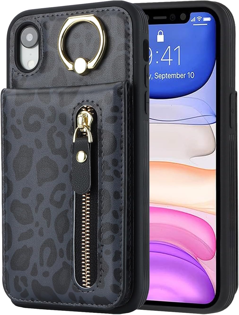 Funda para iPhone XR para mujer, funda para iPhone XR con tarjetero con tarjetero con soporte para tarjeta de crédito con anillo, cierre de
