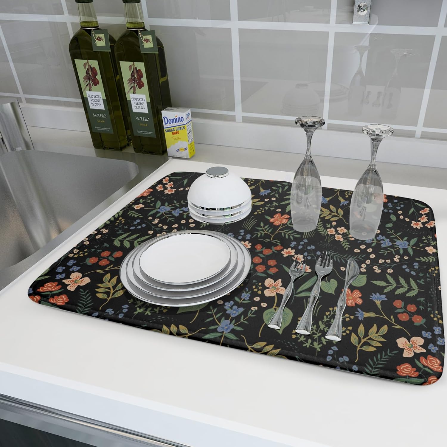 Tapete de secado de platos de flores negras para encimera de cocina, 18 x 24 pulgadas, almohadilla de secado de microfibra reversible absorbente,