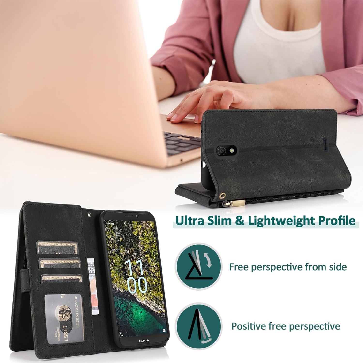 Asuwish Compatible con Nokia C100 4G LTE N152DL – Funda tipo cartera de vidrio templado con protector de pantalla y cremallera de cuero retro,
