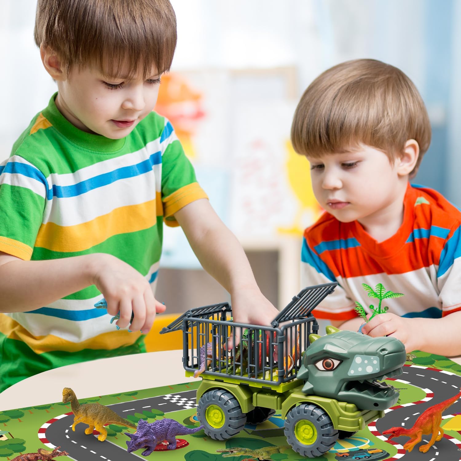 Juguetes de camión de dinosaurios para niños de 3 a 5 años, vehículo de transporte de tiranosaurio con 8 figuras de dinosaurios, juguetes de