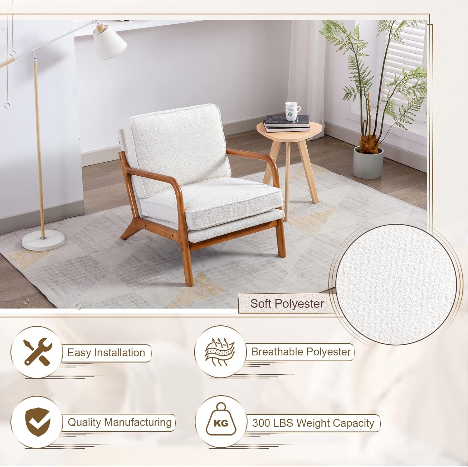 KINFFICT Silla decorativa tapizada de mediados de siglo, cómoda silla de descanso con cojín grueso, moderna silla de madera con brazos, silla de