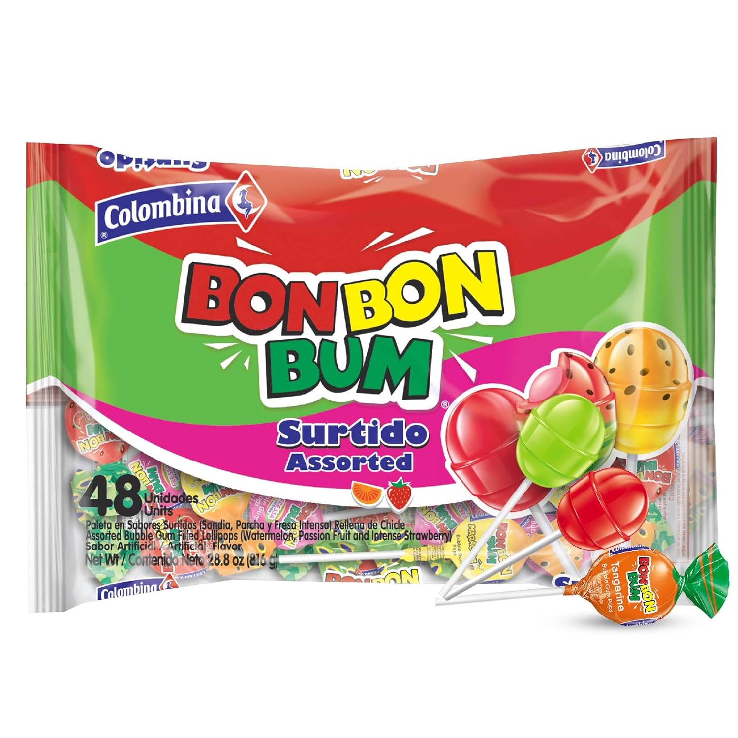 Colombina Bon Bon Bum – Paletas con centro de goma de mascar, sabores surtidos, envueltas individualmente, ideales para recuerdos de fiesta y