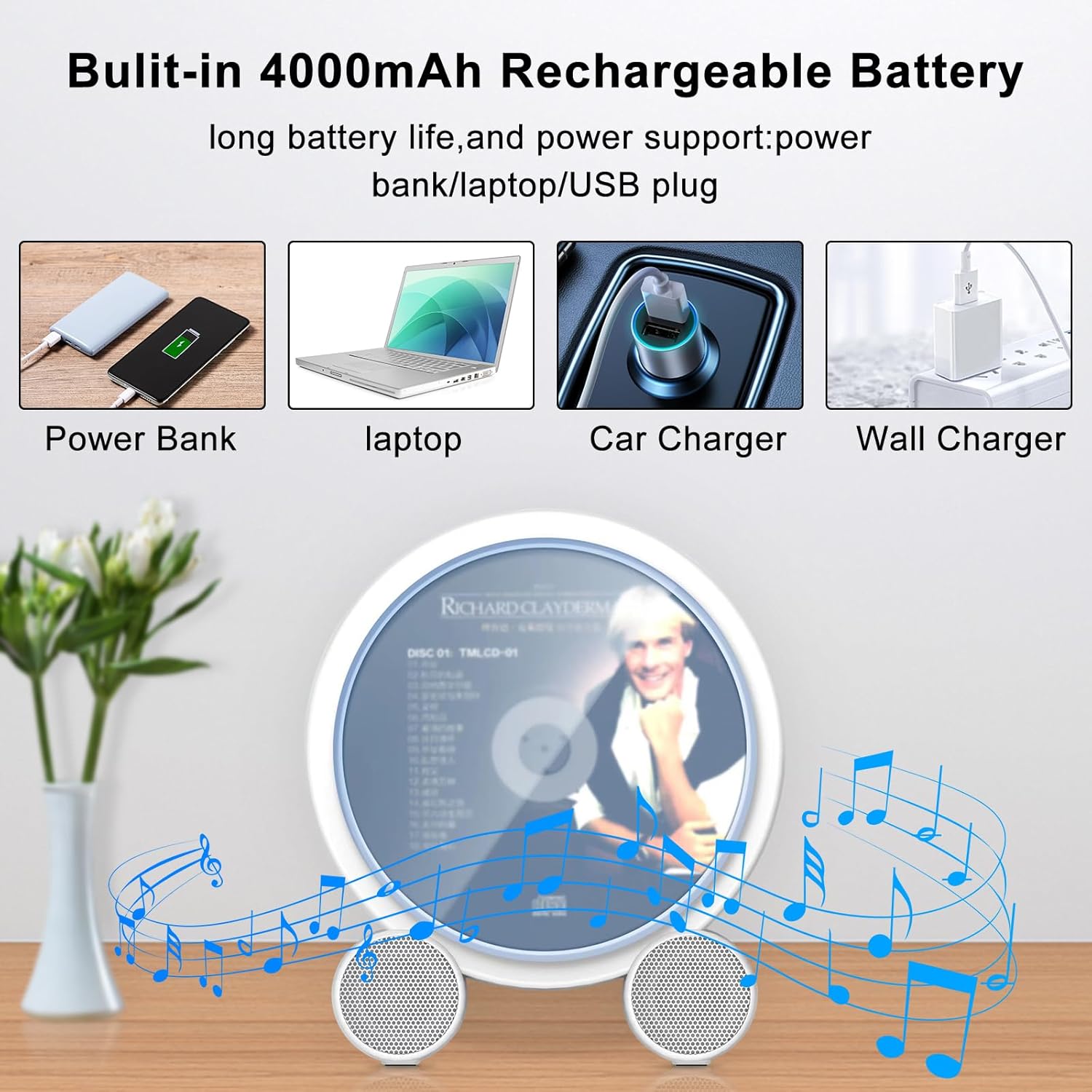 WOKALON Reproductor de CD portátil con Bluetooth, reproductores de CD verticales de escritorio para el hogar con pantalla LCD, altavoces HiFi