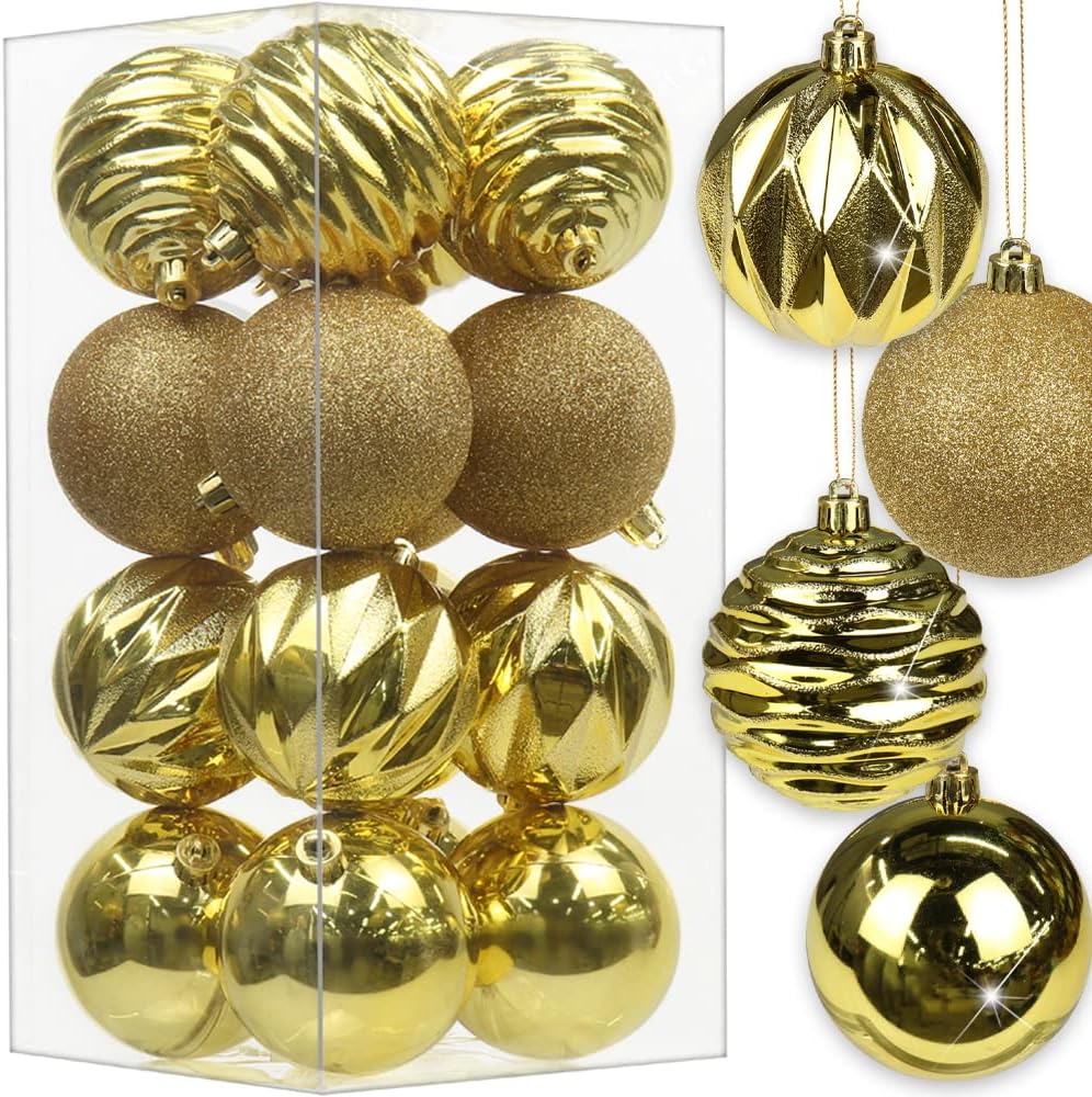 Adornos de bola de Navidad de 3.14 pulgadas, juego de 16 piezas de decoración para árbol de Navidad, bolas grandes de adorno de Navidad doradas