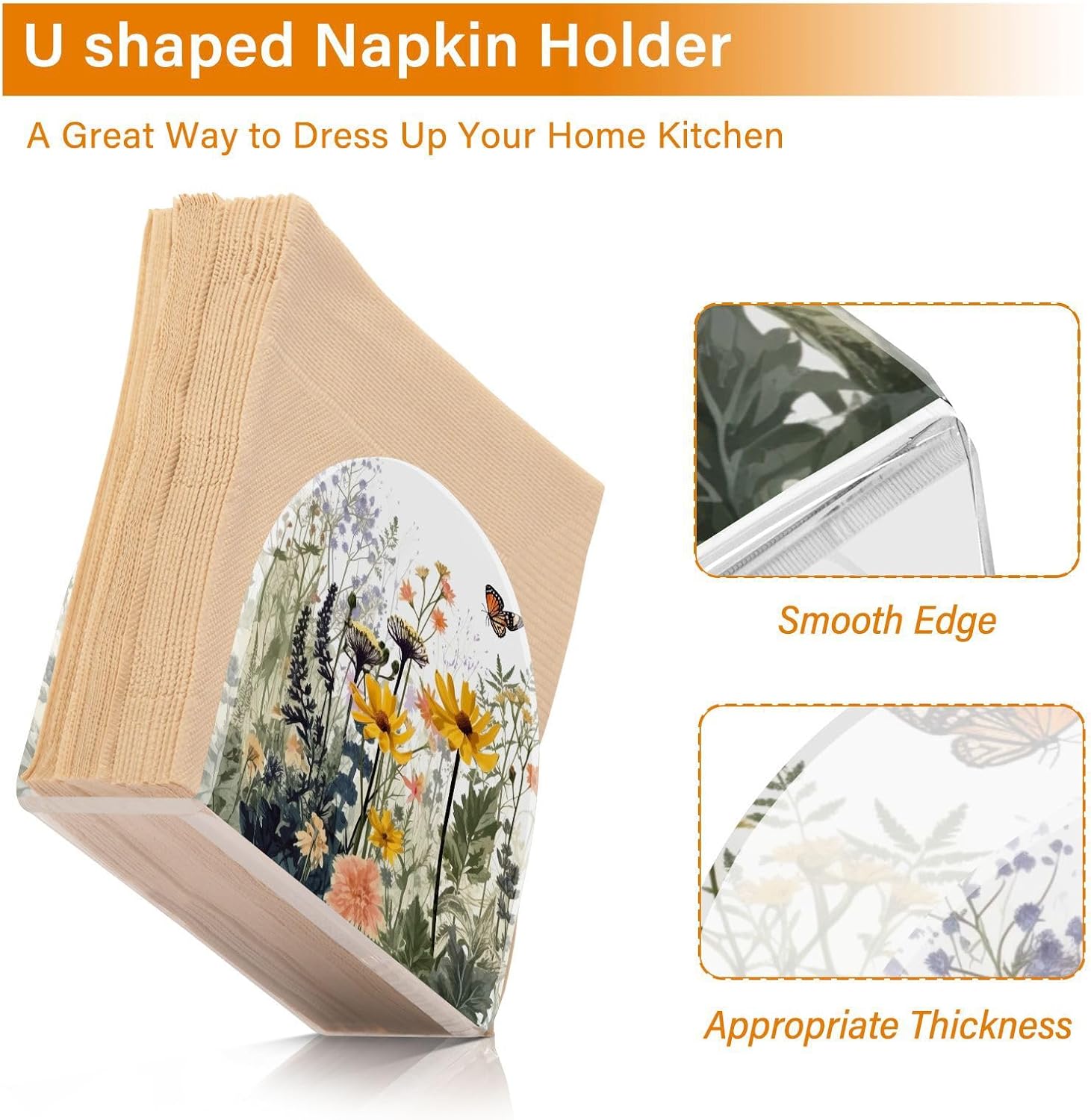 Napkin Holder Wildflowers and Butterfly Napkin Holders for Tables, Clear Acrylic Napkin Holders Cocktail Napkin Holder for Kitchen Restaurant Bar