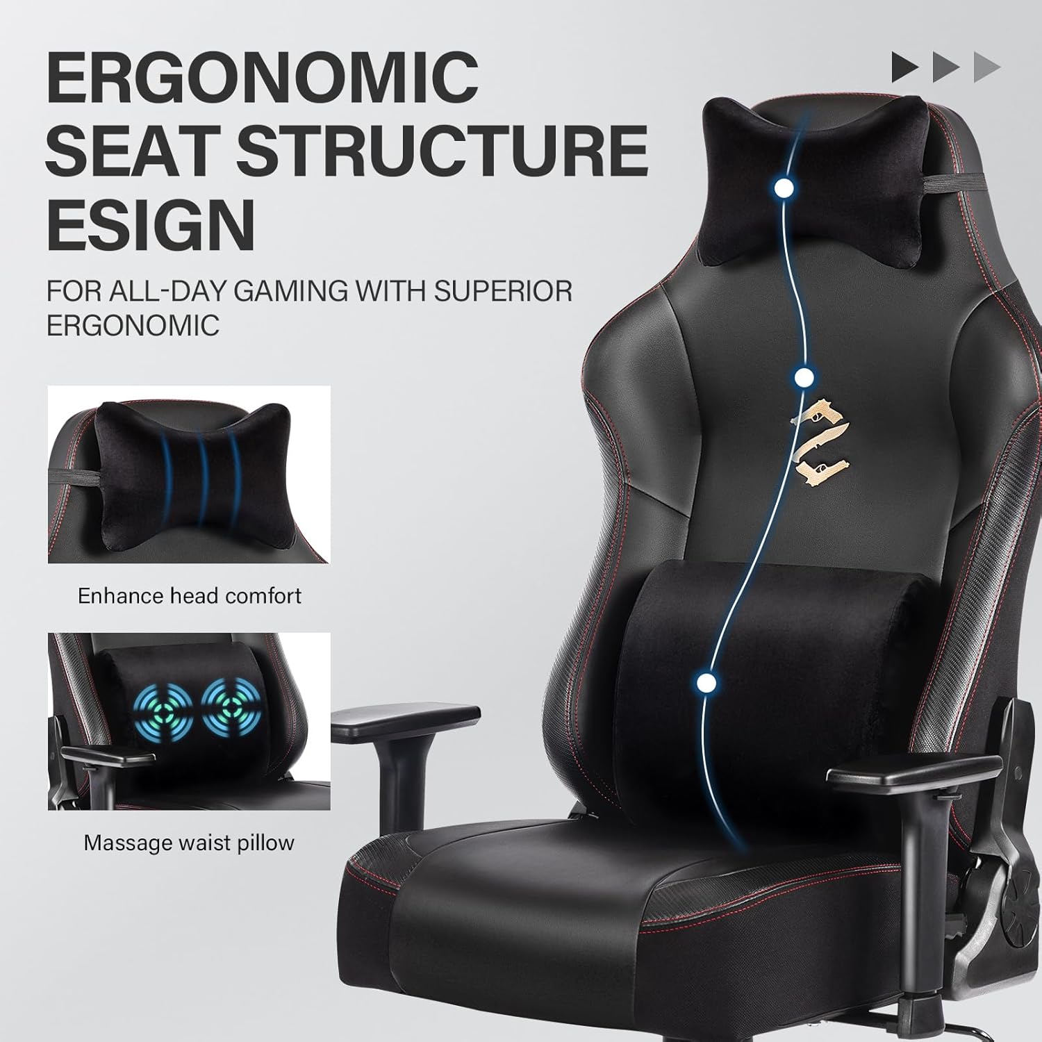 Fantasylab Silla de juegos grande y alta de 400 libras con almohada lumbar de masaje, reposacabezas, reposabrazos 3D, base de metal, piel sintética