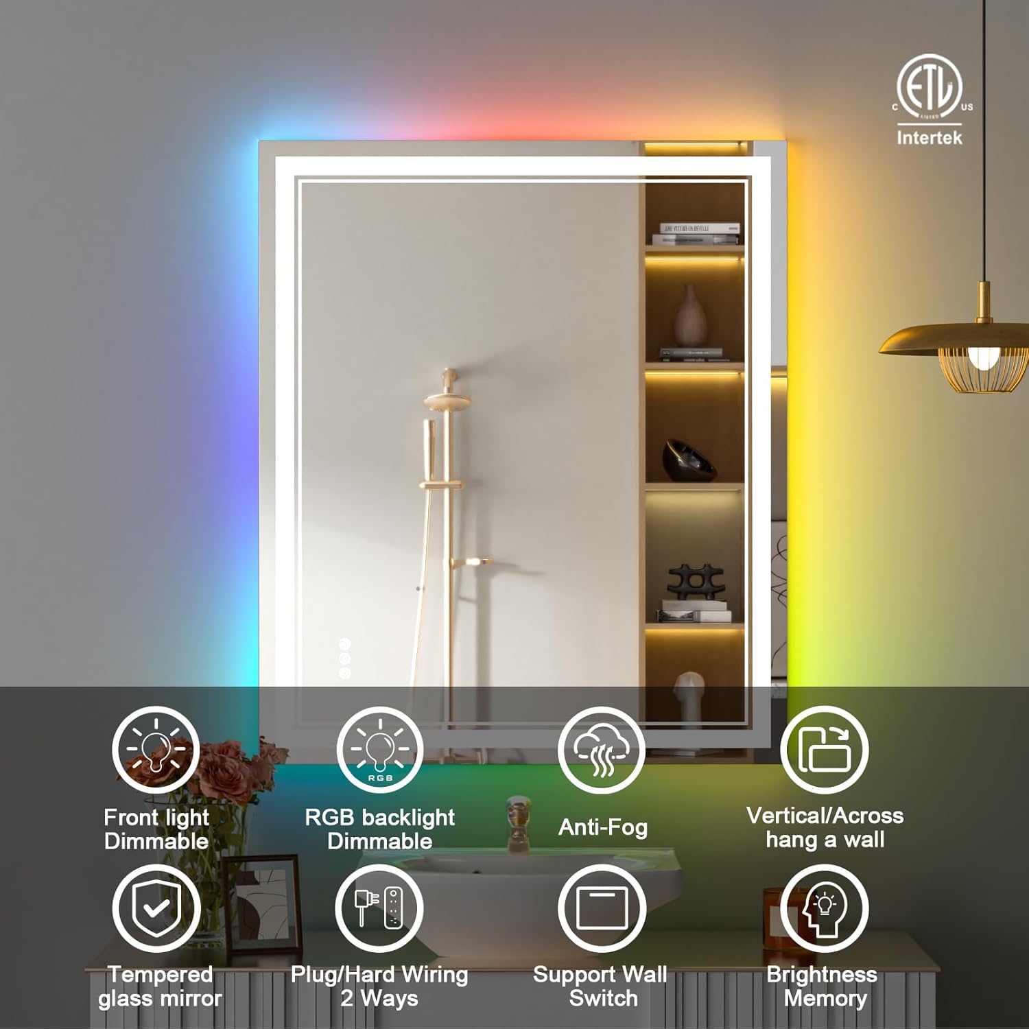 Espejo de baño LED RGB de 30 x 36 pulgadas con luces, espejo LED RGB retroiluminado que cambia de color para baño, espejos de tocador iluminados