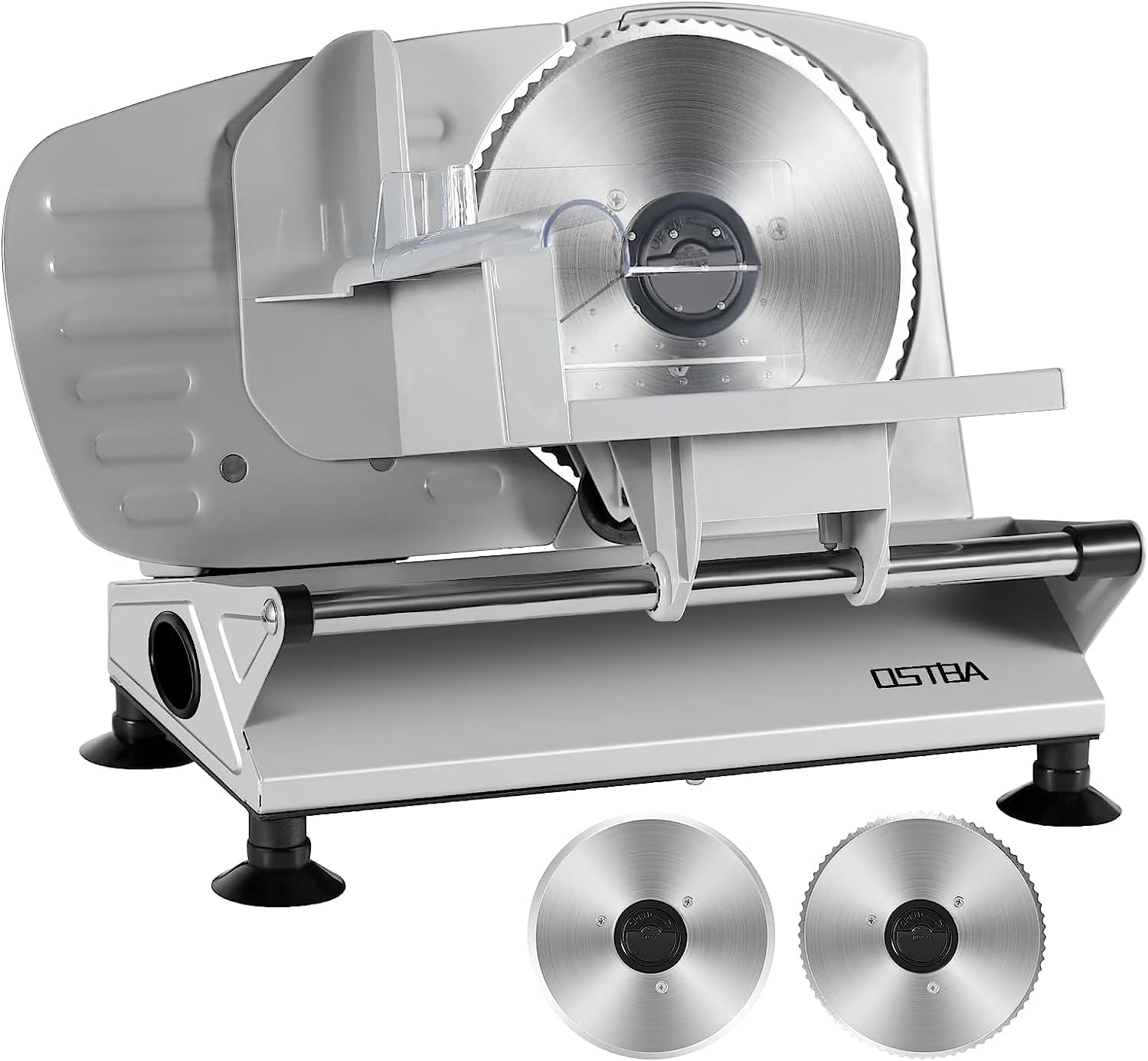 OSTBA – Rebanadora eléctrica de carne con dos cuchillas extraíbles de acero inoxidable y carro de alimentos, cortador de carne de grosor ajustable