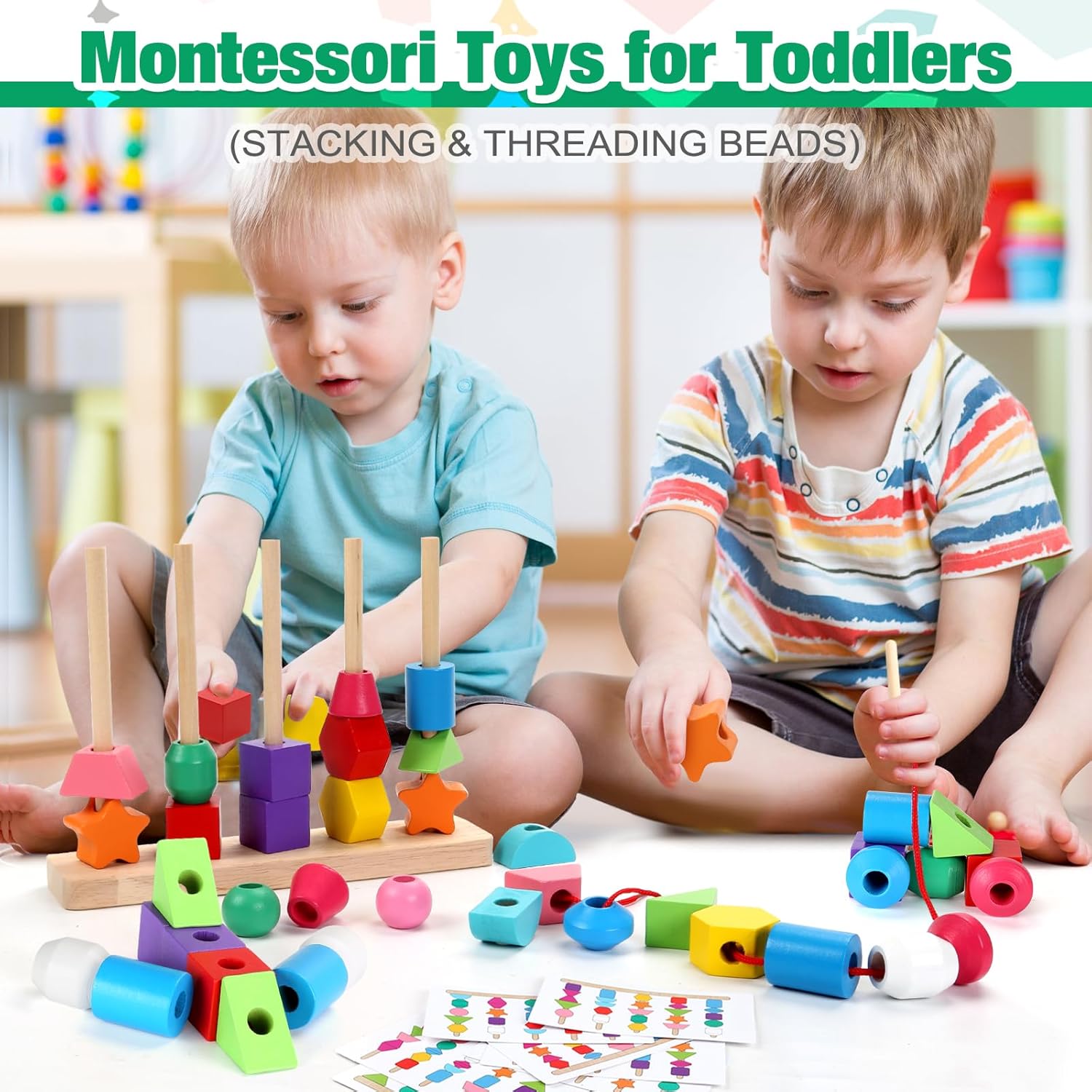 Juguetes Montessori de madera para niños pequeños, juguetes educativos de aprendizaje, bloques apilables y cuentas de cordones y apilador de formas