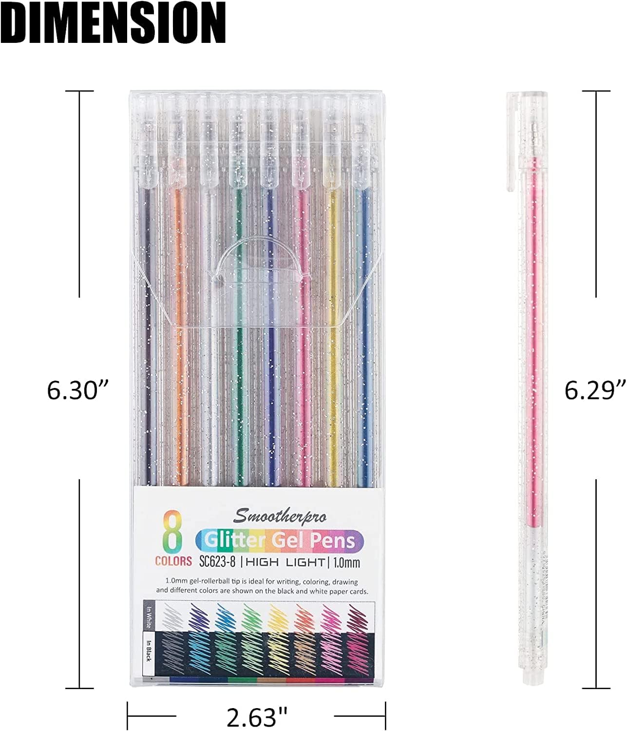 SMOOTHERPRO Bolígrafos de gel con purpurina de 0.039 pulgadas (0.039 pulgadas) con brillo metálico vibrante y colorido, 8 colores para colorear